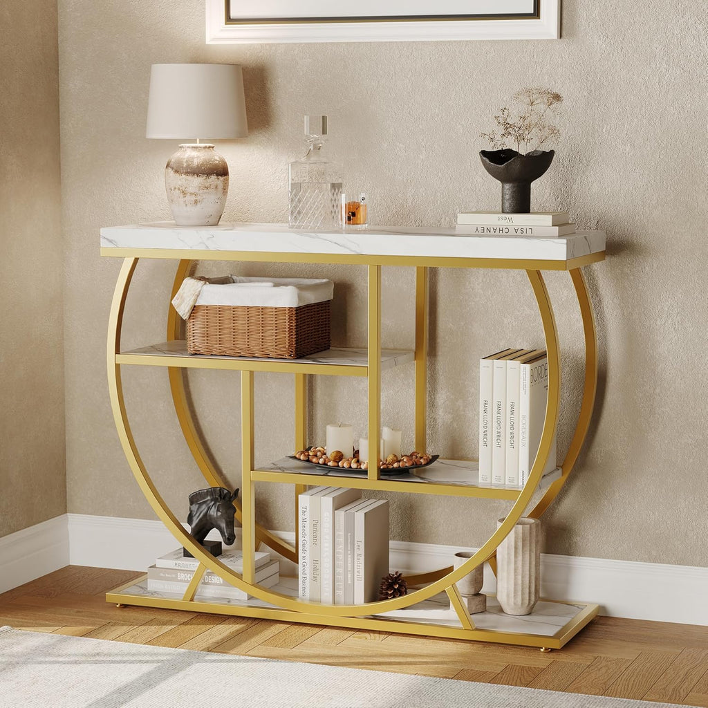 Garvee Entryway Table with Storage, Industrial 4-Tier Narrow Console Table Behind Couch with Half-Circle Base & Storage Shelves for Living Room, Hallway, Foyer