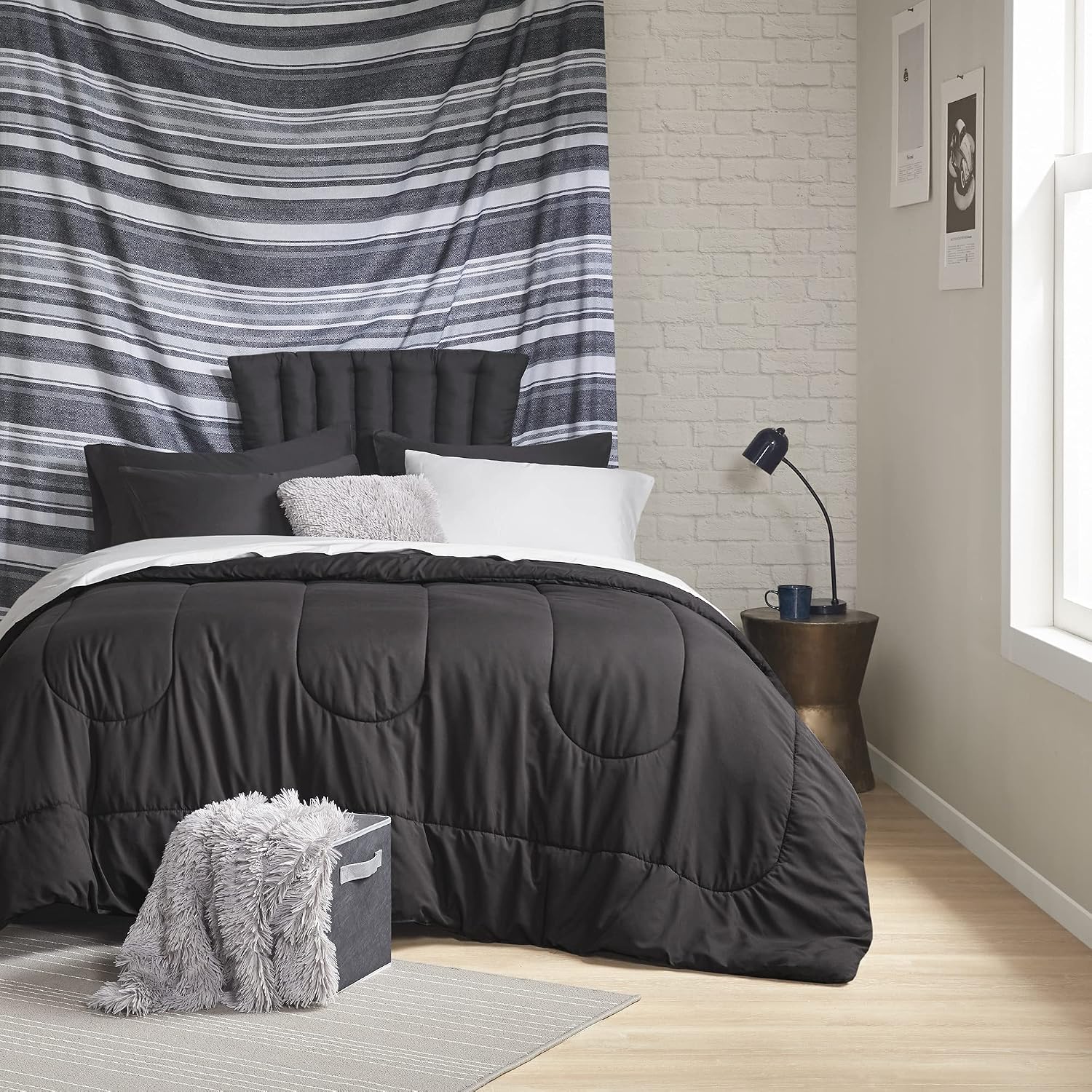 Comfort Spaces 17 Piece Bed in A Bag Comforter Set Include Sheets with 2 Side Pockets - All Season Cozy Bedding and Bedroom Organizer, College Dorm Room Essentials, Queen, Vincent, Black