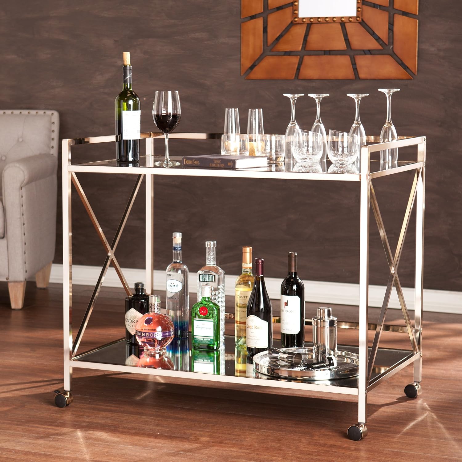 SEI Furniture - Maxton Bar Cart - Gold - Iron Metal & Mirrored Glass - Art Deco Design - Ideal for Living Rooms, Dining Rooms, Home Bars, 38.75'W x 23.3'D x 32.3'H (HZ2041)