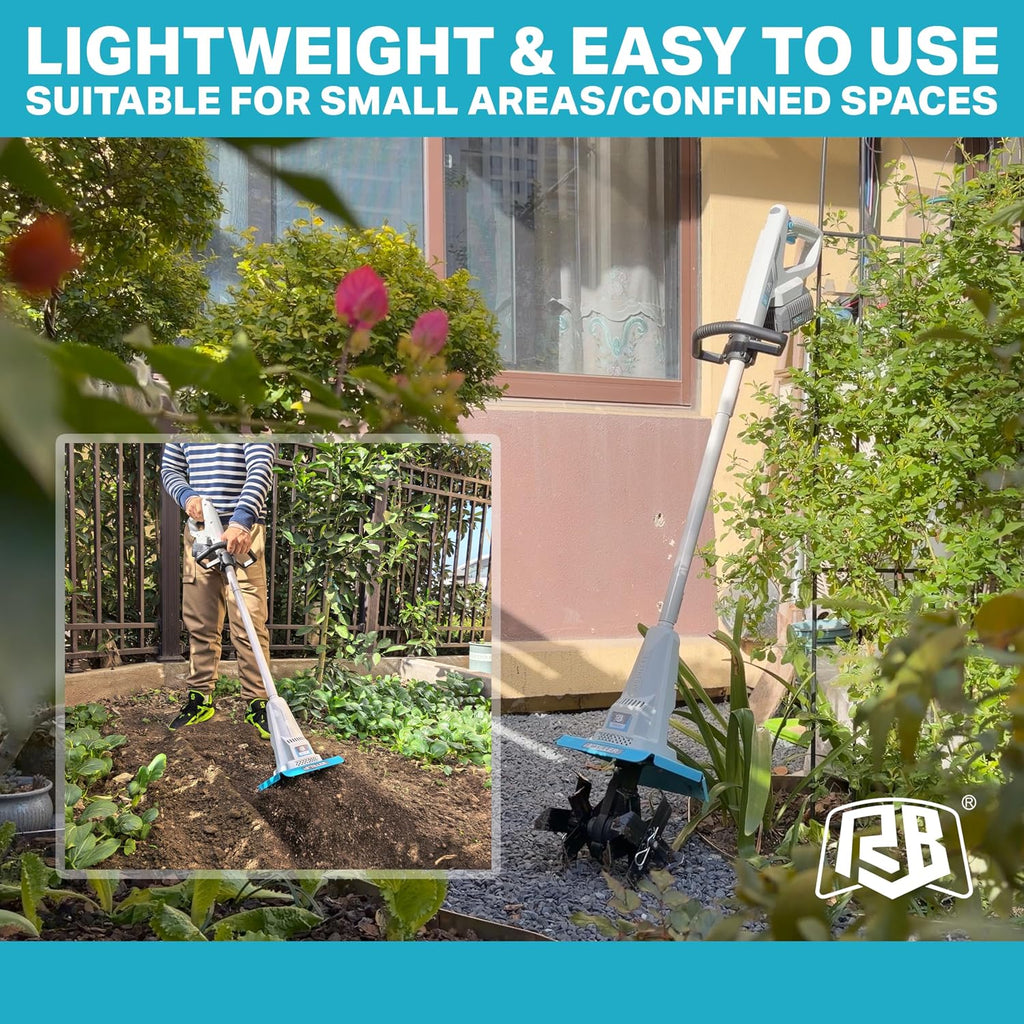 RB 40V Cordless Tiller Cultivator with Battery for Narrow Garden Areas | 8-inch tilling width & 7-inch depth. Foldable design for small gardens. For soil cultivation, raised beds, and narrow rows.