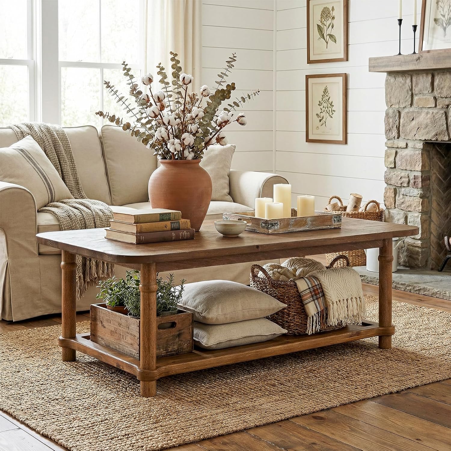 47' Rectangle Coffee Table, Solid Wood Center Table with 2-Tier Storage, Modern Farmhouse Coffee Furniture for Living Room, Home & Family Room, Natural Brown