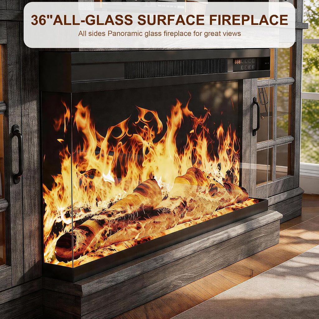 MXV 80' Fireplace TV Stand, 3-Sided Glass Fireplace and Modern Entertainment Center, Wooden Media Console with Glass Doors & Storage Drawers, LED Light, for Living Room, Grey