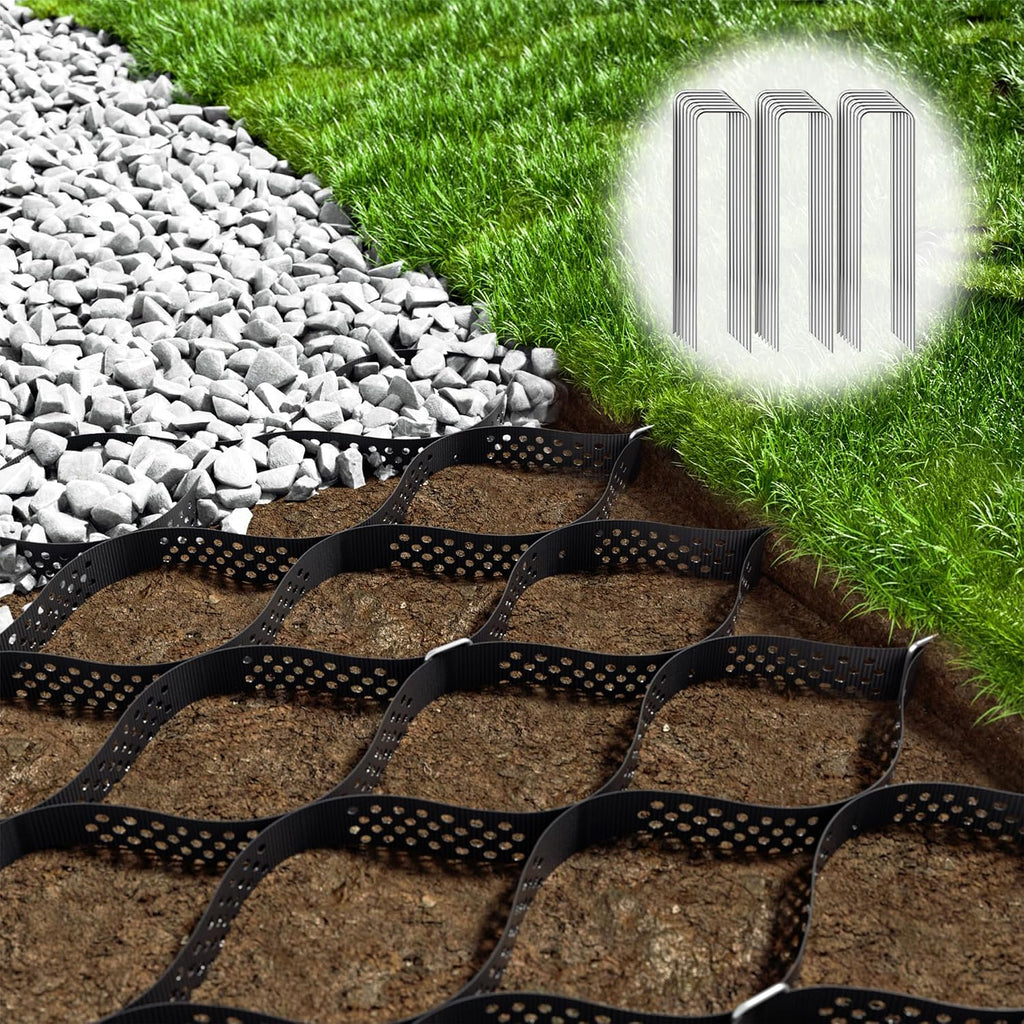 Gravel Grid 9x34 FT with 20Pcs Landscape Staples, 3'' Thick Geogrid Ground Grid 2200 lbs per Sq Ft Erosion Control Geo Grid for Driveway, Walkway, Horse Paddock, Patio, Parking Lot, Slope