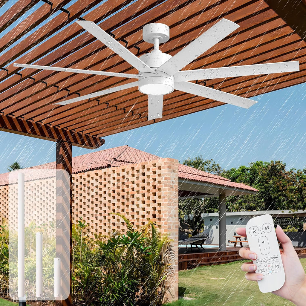 56 Inch Waterproof Outdoor Ceiling Fan with Light, Wet-Rated White Outdoor Ceiling Fans, All-Weather 7 UV-Proof Blades, High CFM Quiet DC Motor, for Exterior Patis, Porch, Terraces, Gazebo