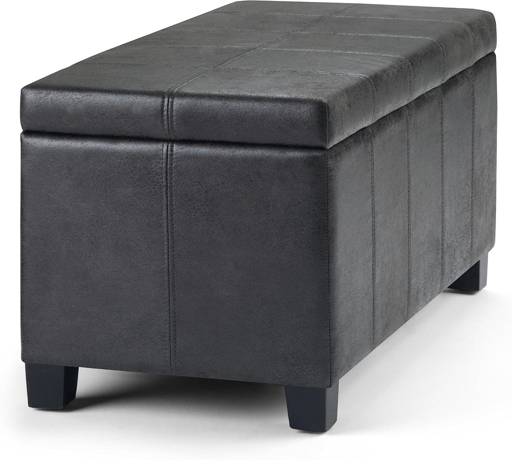 SIMPLIHOME Dover Storage Ottoman Bench - 36 inch Wide Upholstered Vegan Leather Rectangular Lift-Top Ottoman in Distressed Black, Contemporary Bench for Living Room with Safety Hinges