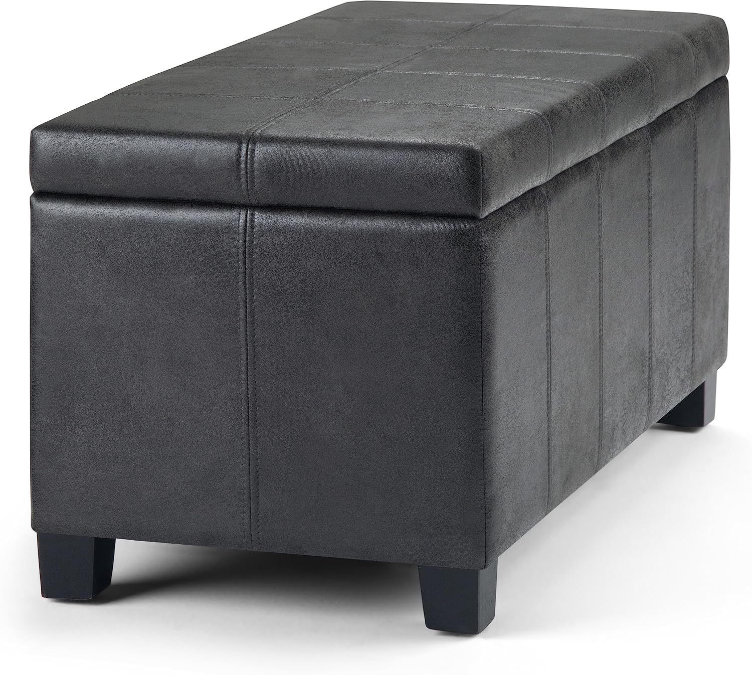 SIMPLIHOME Dover Storage Ottoman Bench - 36 inch Wide Upholstered Vegan Leather Rectangular Lift-Top Ottoman in Distressed Black, Contemporary Bench for Living Room with Safety Hinges