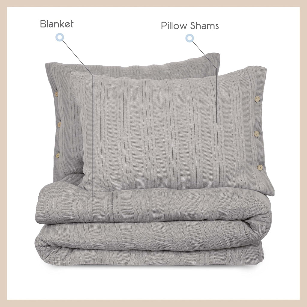 Vellux Malmo 3-Piece Blanket Set – Full/Queen Size – Striped Knit – Lightweight – All-Season Throw Blanket – House Decor – for Sofa, Bed, and Couch – Supersoft Apartment Essentials – Light Gray