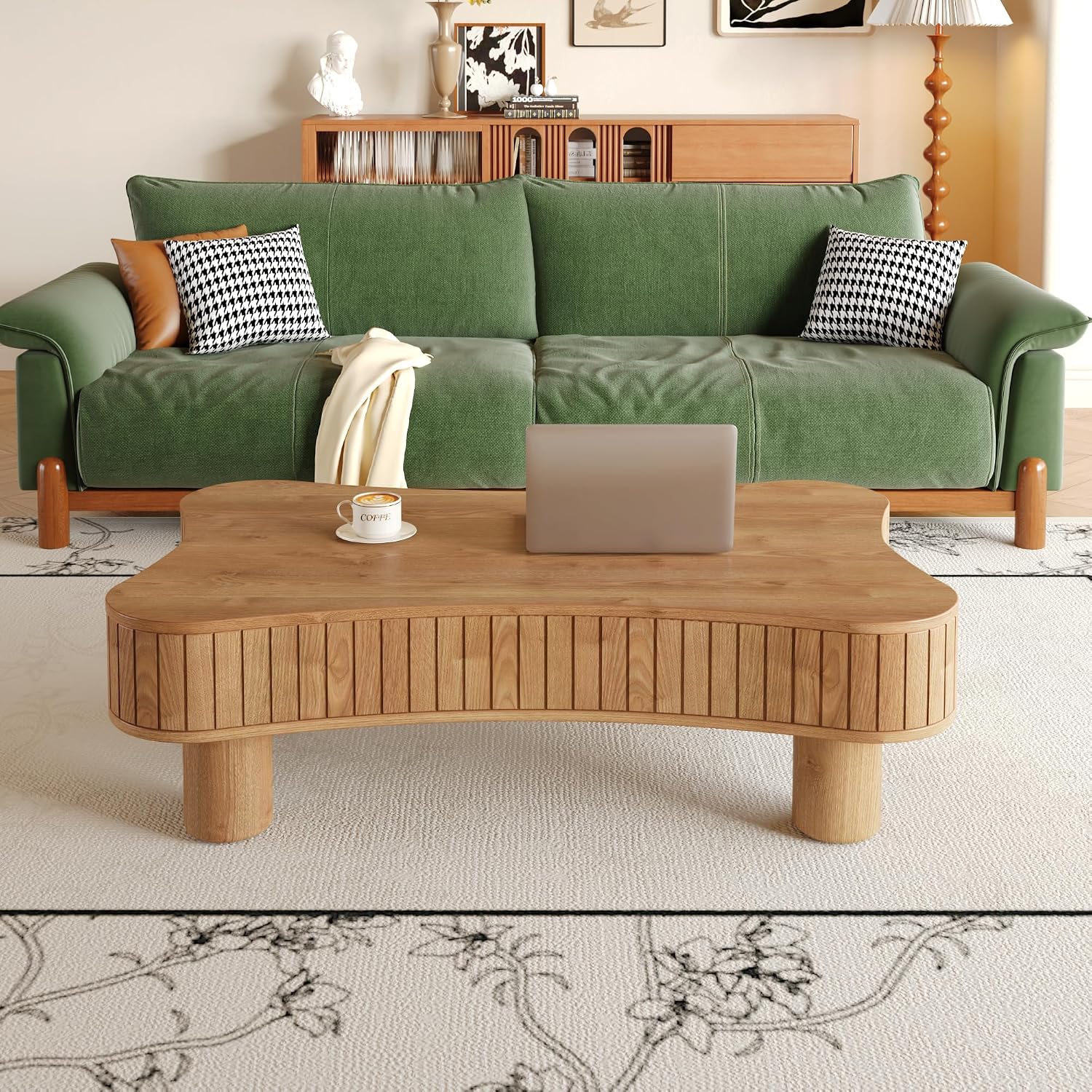 Zurnes Lift Top Coffee Table with Storage, 42' Accent Table for Living Room, Fluted Panel Hidden Storage, Silent Hydraulic Lift, Curved Corners, Easy Assembly, Light Brown