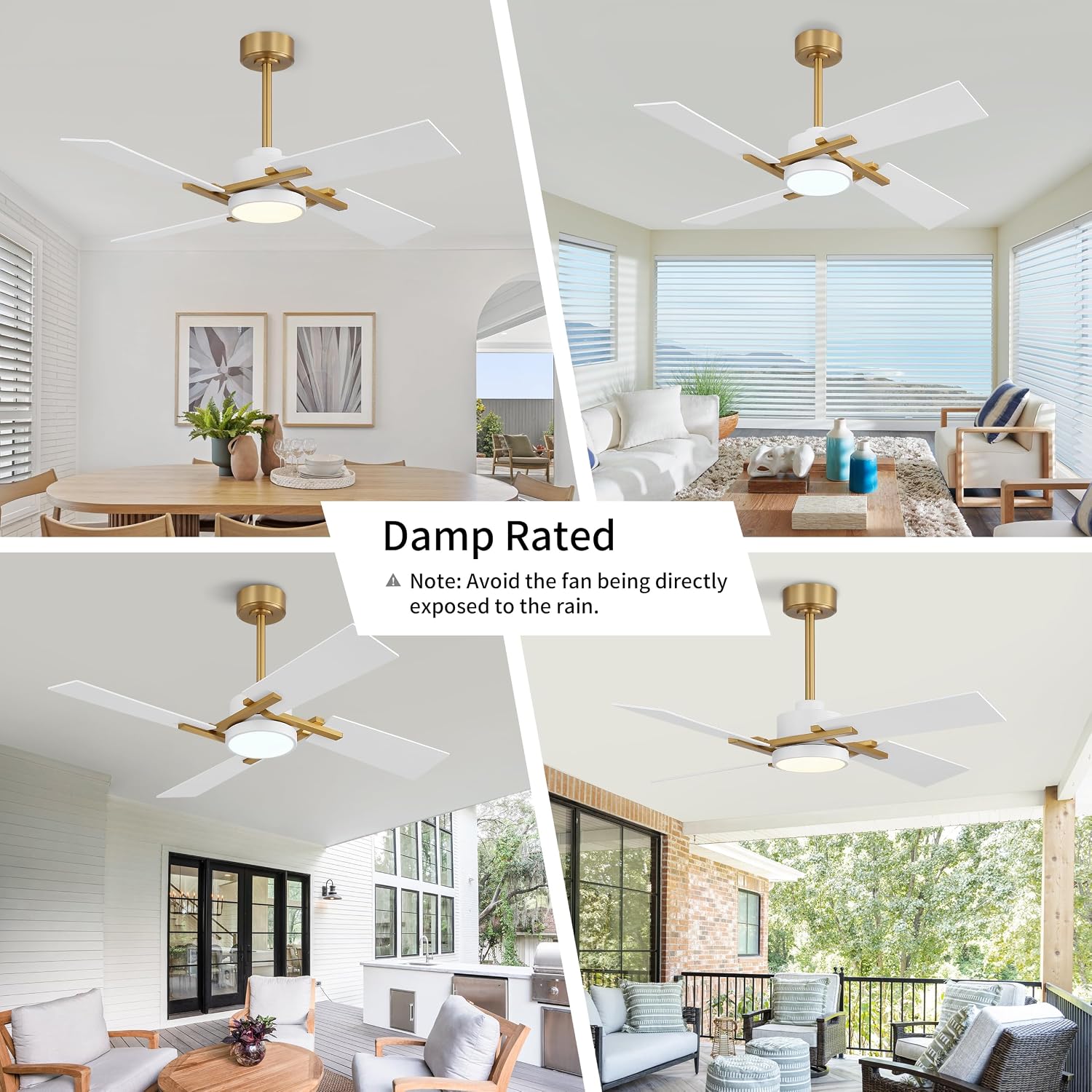 WINGBO 48 Inch Ceiling Fan with Light and Remote, 4 Plywood Blades, 6-Speed Reversible DC Motor, Dimmable, 3CCT, Farmhouse Ceiling Fan for Bedroom Living Room Kitchen, Brass and White/Oak