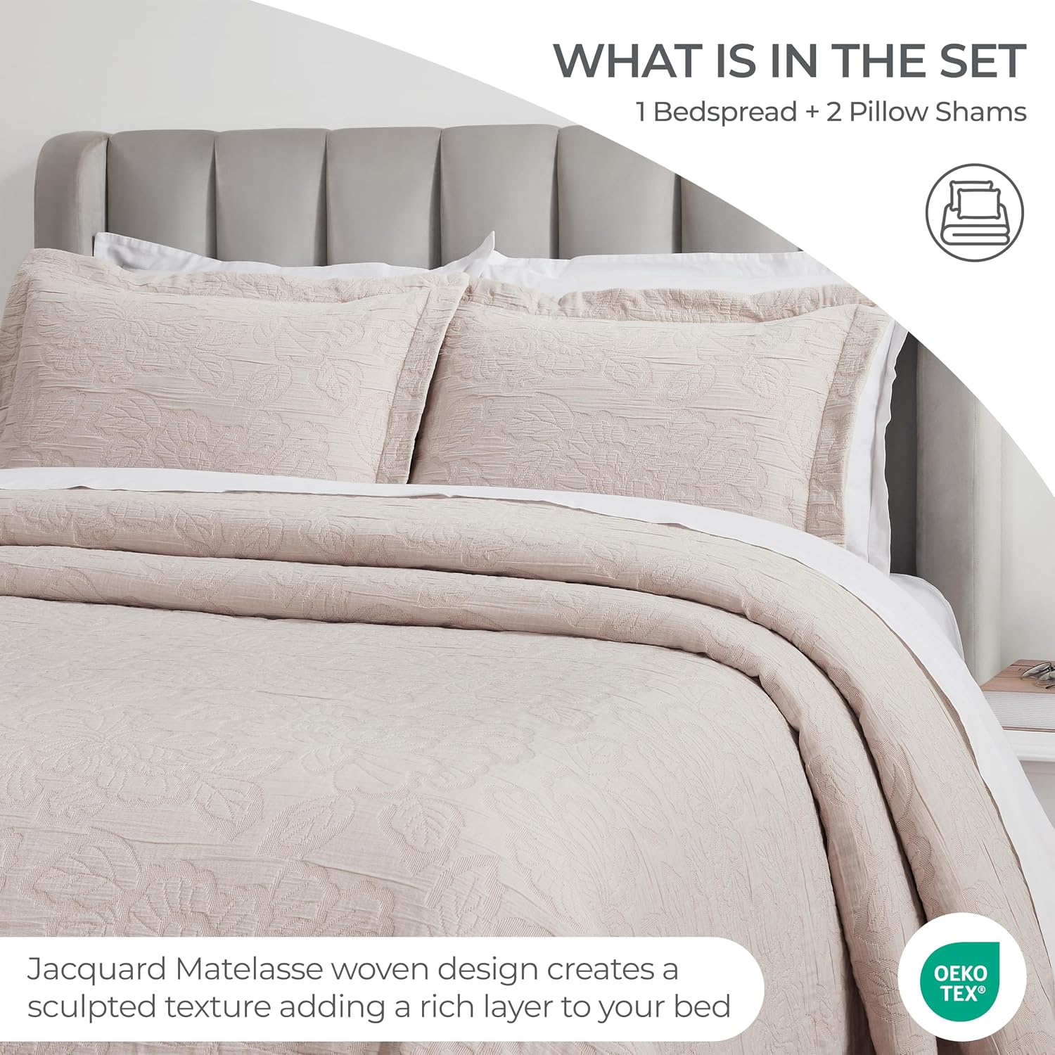Superior 3 Piece Cotton Bedspread Set, Home Bed Decor, Decorative Bed Spread, 2 Pillow Shams, Medium Weight Blanket, Matelasse Coverlet Bedding, Hibiscus Collection, California King, Blush