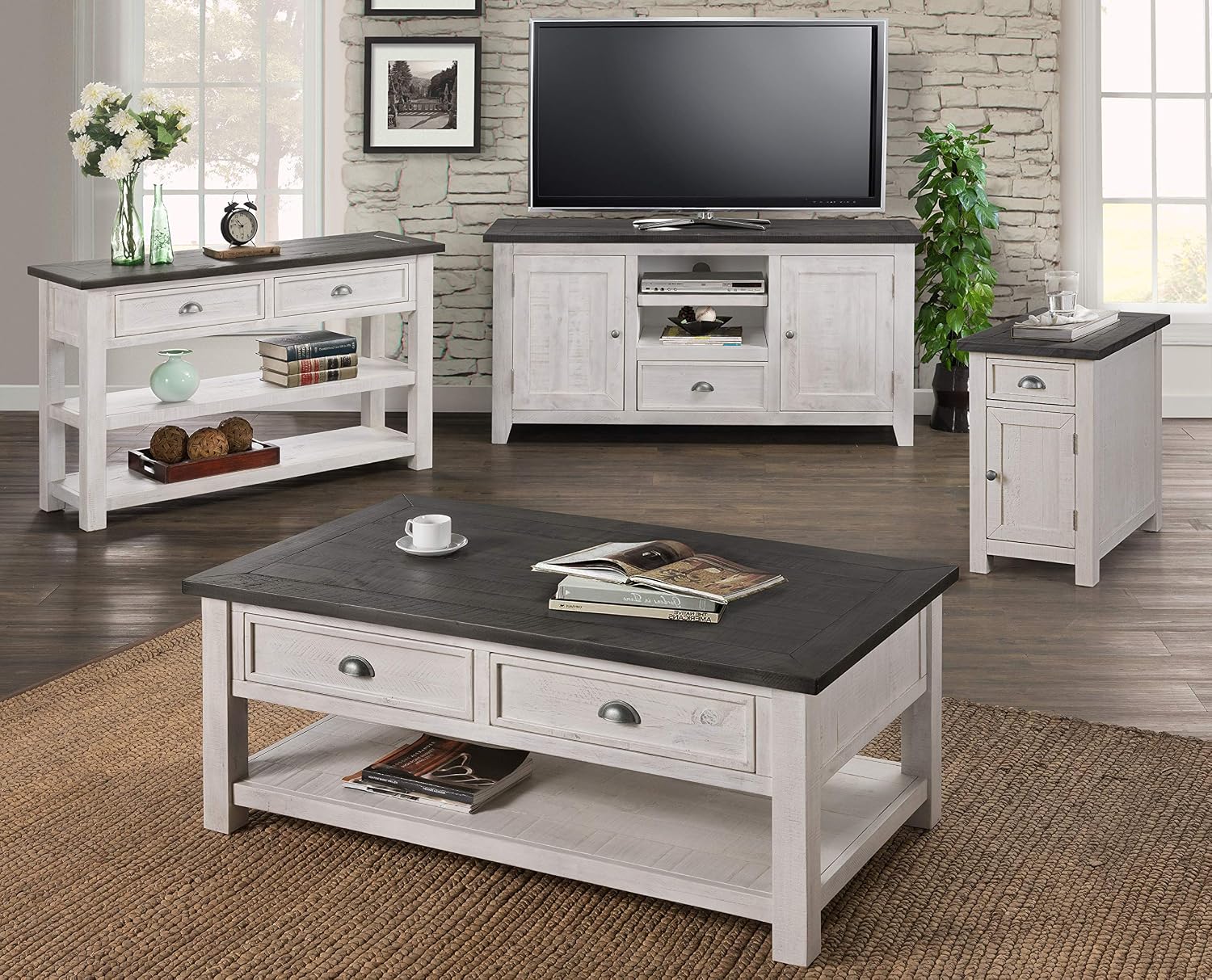 Martin Svensson Home Monterey Chairside Table - White with Grey Top - Coastal Multi-Use Table with Charging Station and Drawer for Bedroom or Living Room