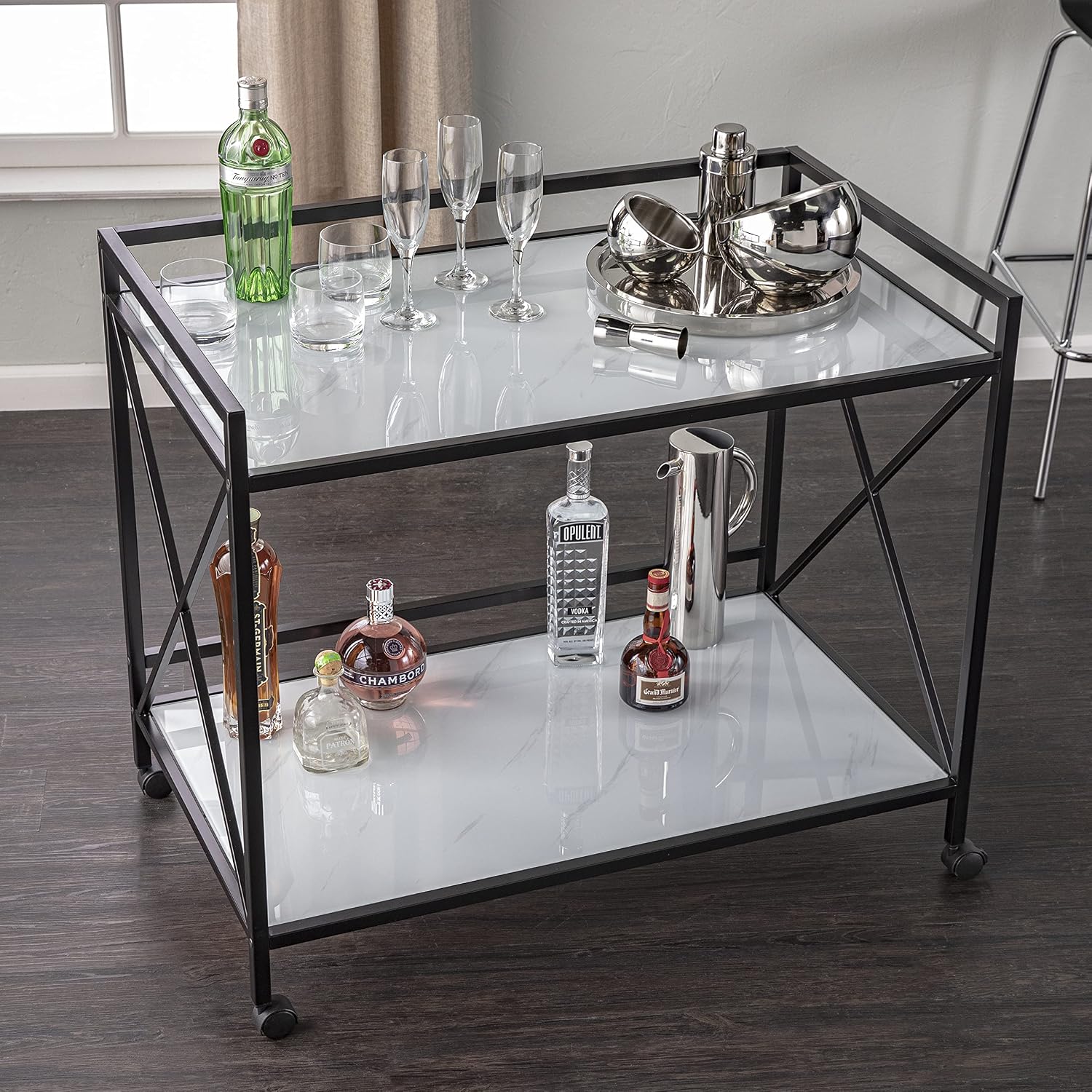 SEI Furniture - Maxton Bar Cart - Transitional Design, Black Iron and Wood - Ideal for Living Room, Home Bar (HZ1221440)