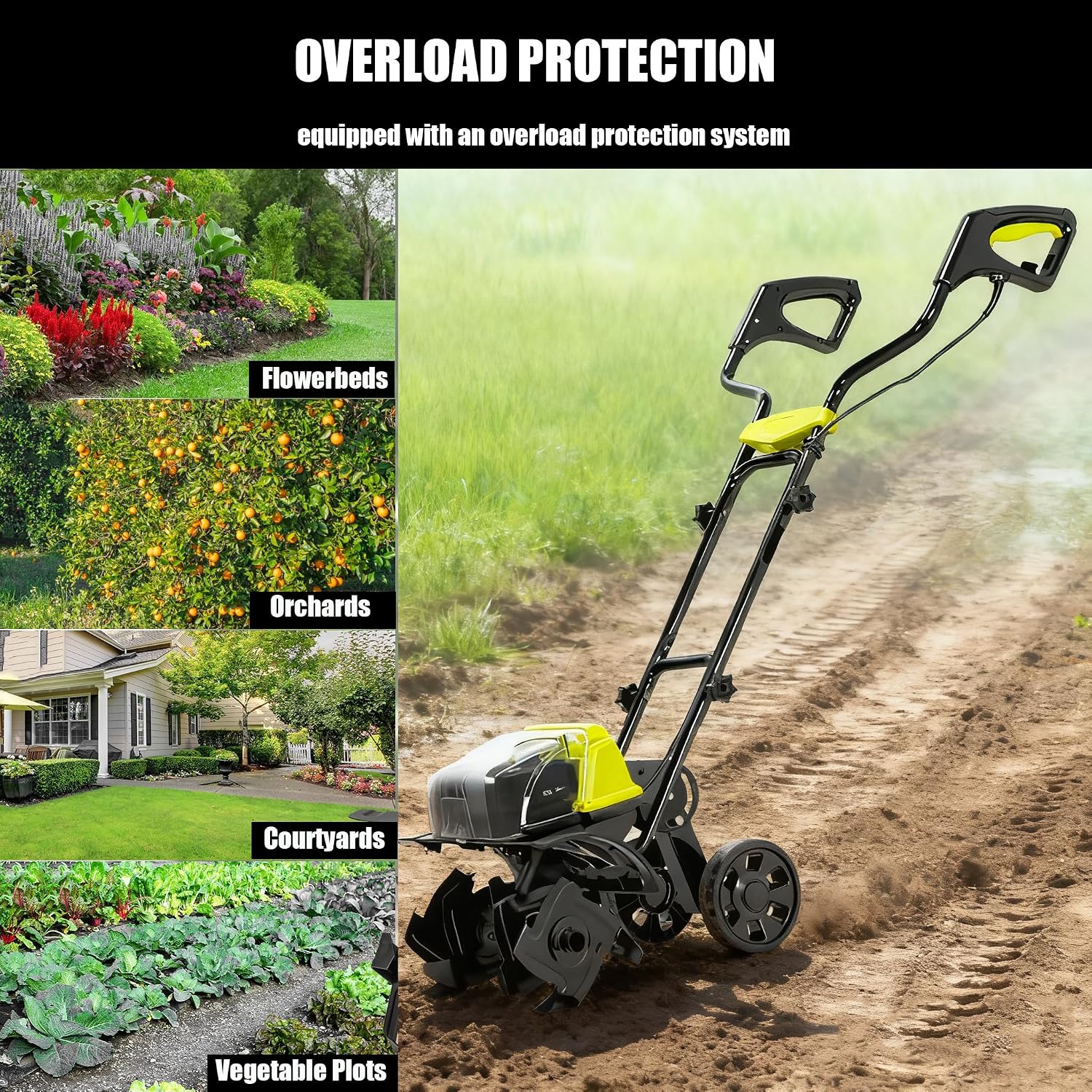 Electric Cordless Rotavator,Battery Powered Garden Tiller Cultivator,Adjustable Handle Height Cultivator,36cm Tilling Width,36cm Working Depth,Depth 18cm for Gardening