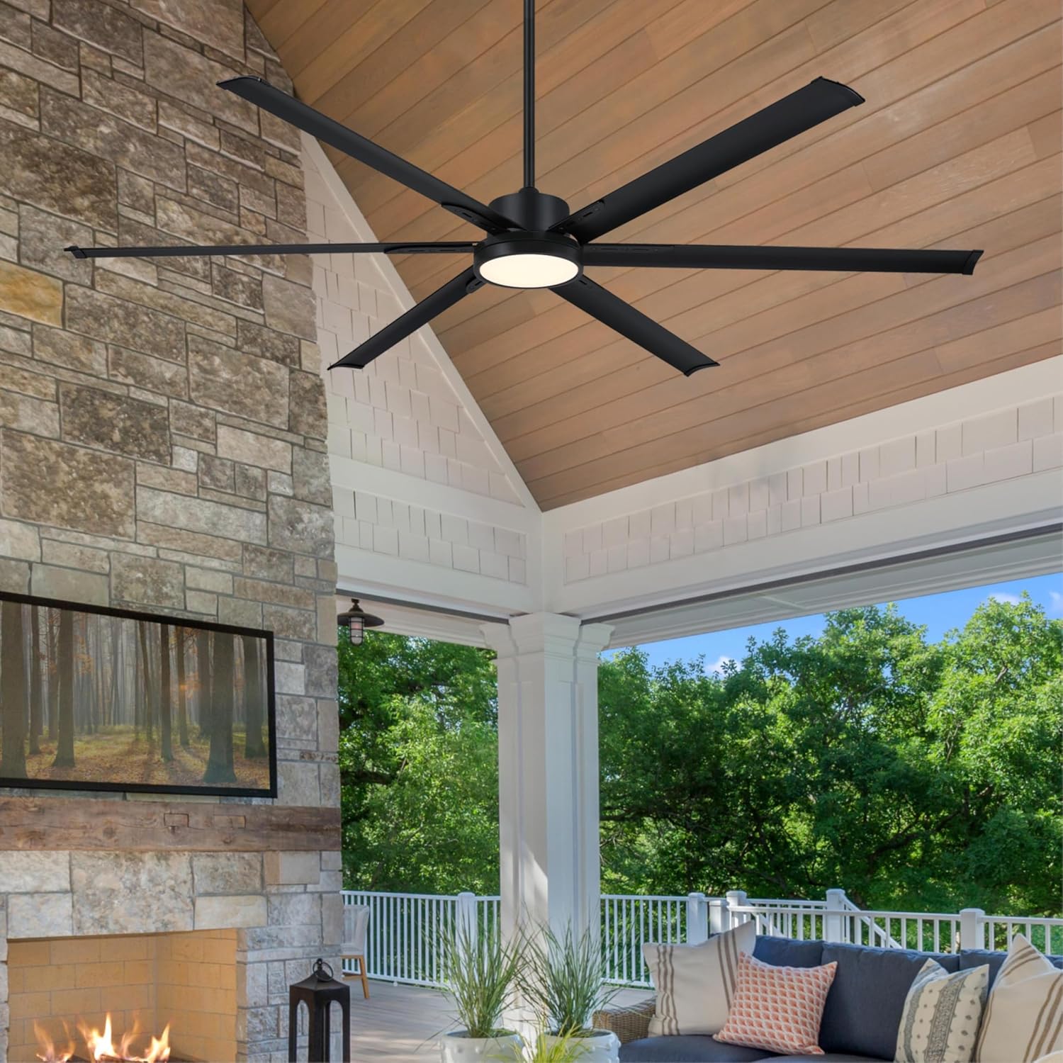 Westinghouse Lighting Hudson Yards Adjustable Ceiling Fan with Light, 80-Inch Industrial-Style Indoor/Outdoor Fan in Matte Black, DC Motor, Dimmable LED with Opal Frosted Glass, Remote Control