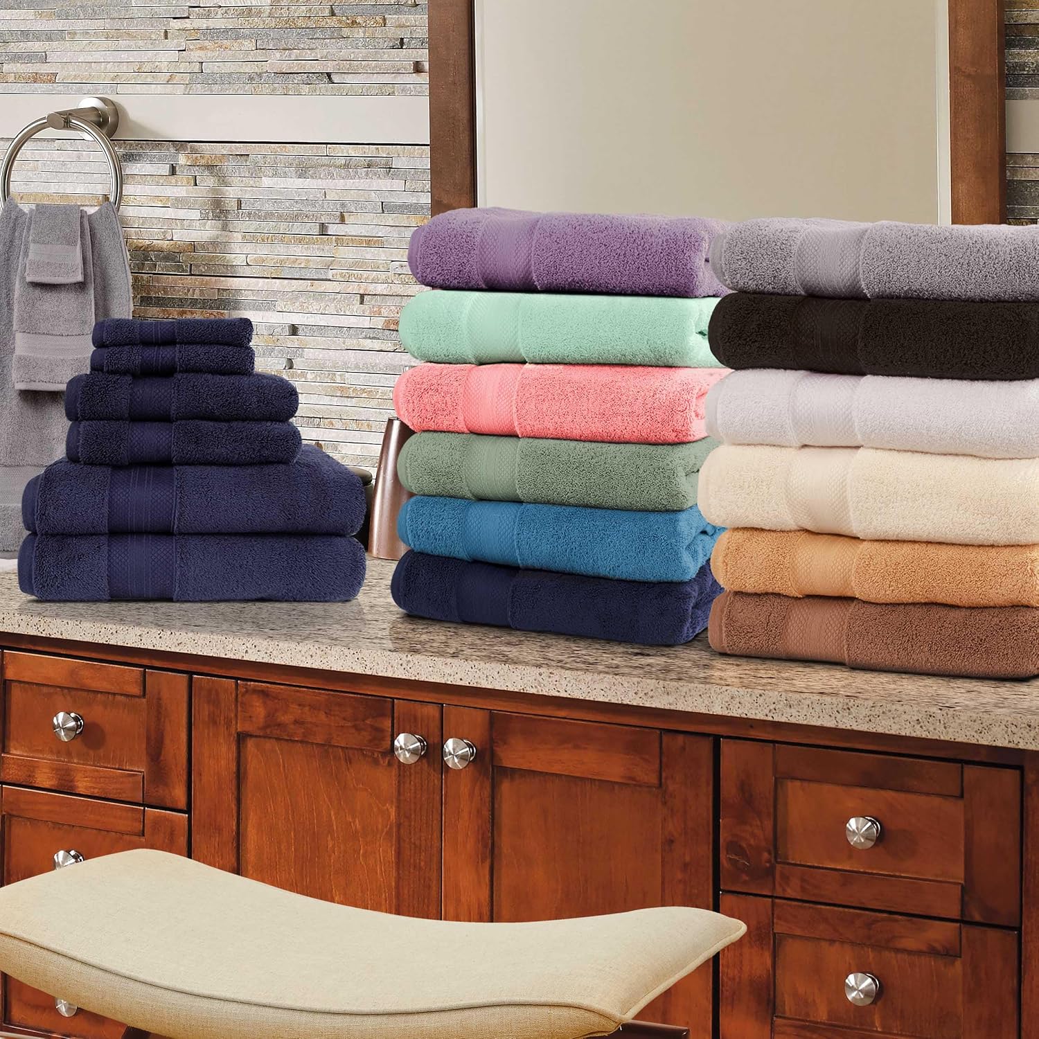 Superior Turkish Cotton 12-Piece Towel Set, 3 Bath, 3 Hand, 6 Face Towels/Washcloth for Home, Guest, Master Bathroom Essentials, Hotel, Resort, Spa, Shower, Adult, Kids, Plush, Soft, Black