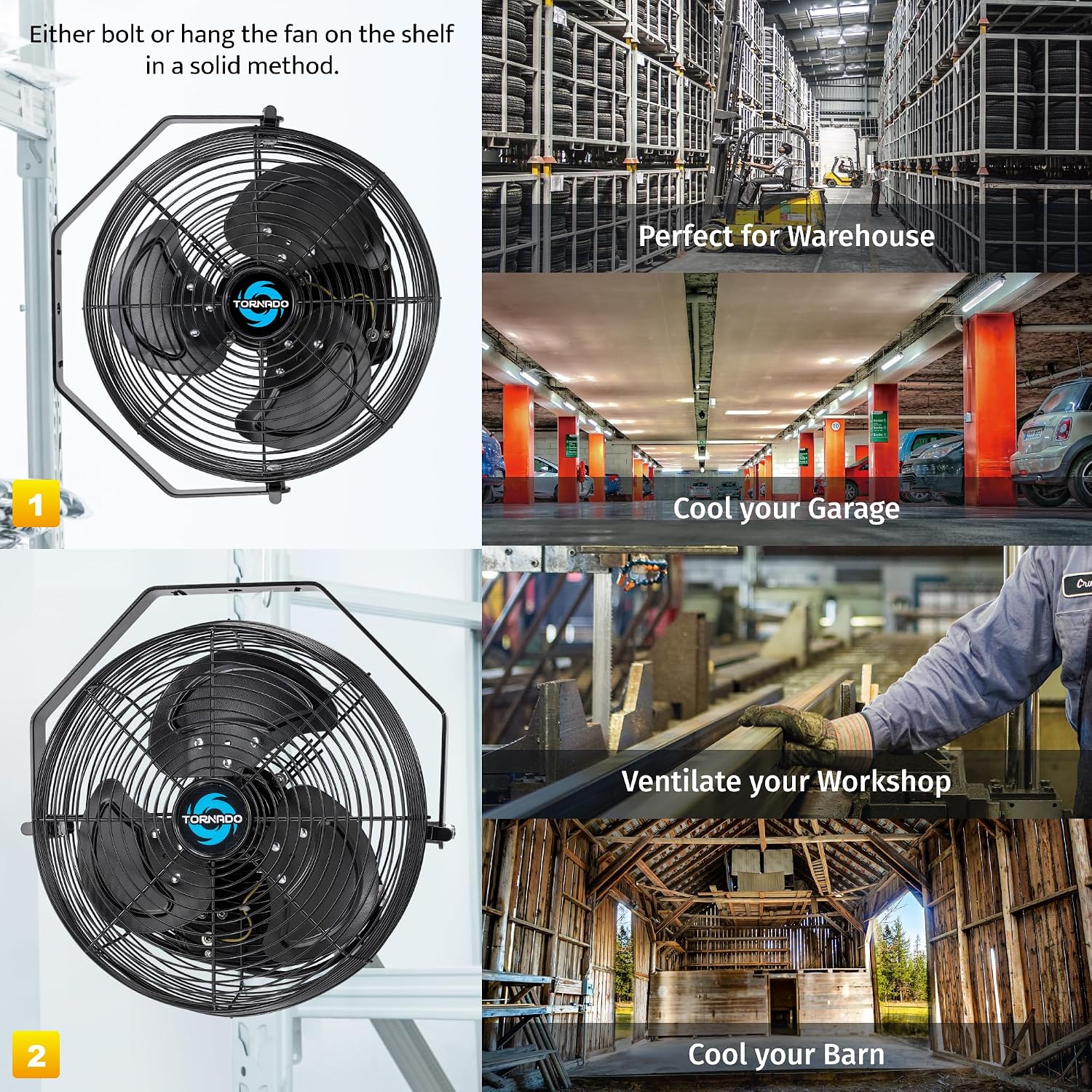 Tornado 2 Pack 12 Inch Outdoor Rated IPX4 Water-Resistant High Velocity Metal Industrial Wall Mount Fan For Commercial, Industrial, Residential, TEAO Motor 3 Speed 1650 CFM, cETL Safety Listed