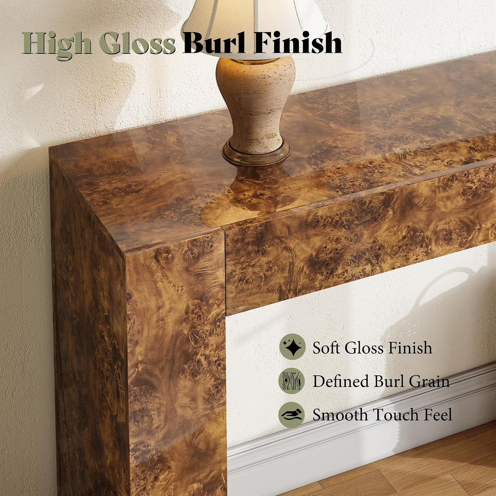 AMERLIFE 63' Burl Wood Console Table, Modern High Gloss Entryway Table with 2 Storage Drawers, Long Sofa Table Behind the Couch for Entrance, Hallway, Foyer, Living Room, Brown