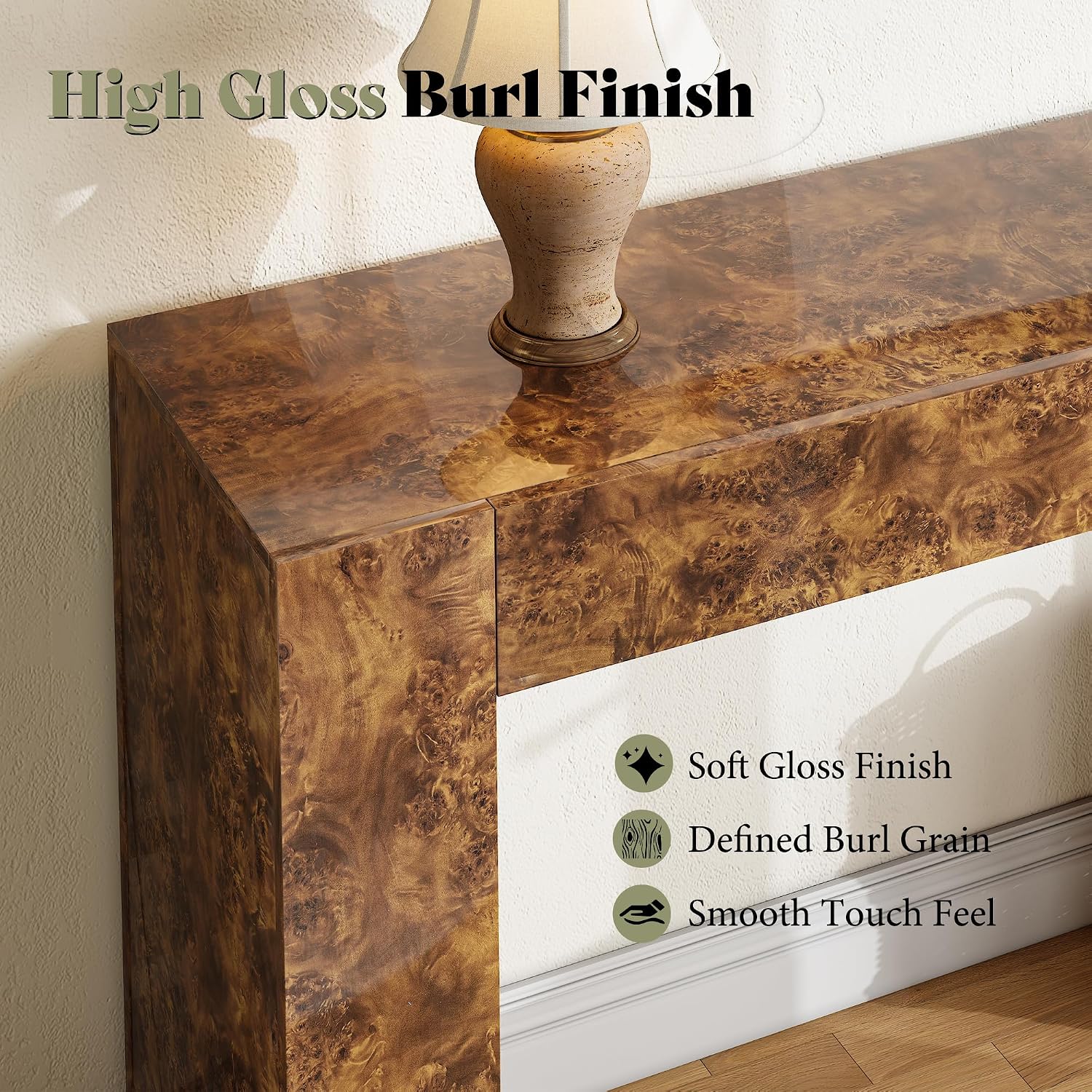 AMERLIFE 63' Burl Wood Console Table, Modern High Gloss Entryway Table with 2 Storage Drawers, Long Sofa Table Behind the Couch for Entrance, Hallway, Foyer, Living Room, Brown
