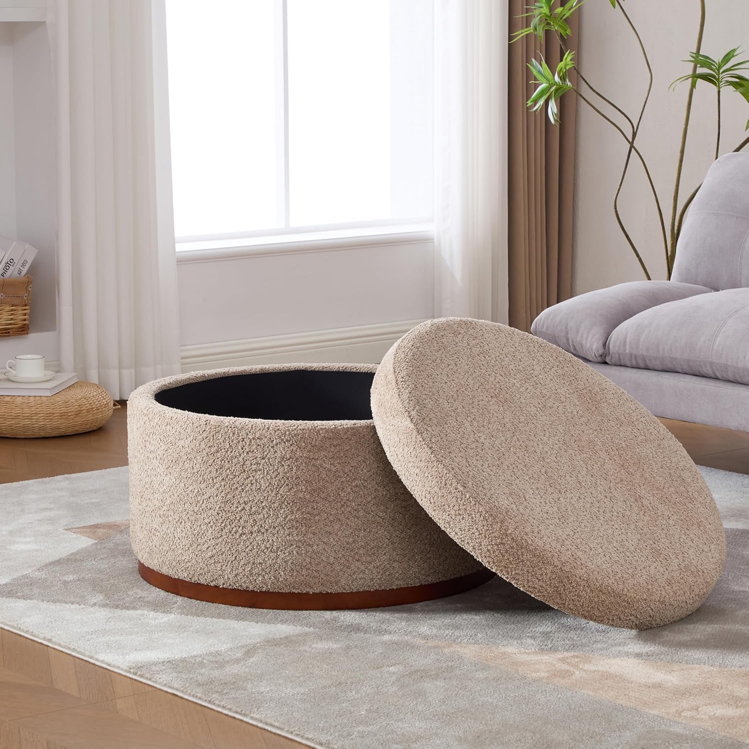 Christopher Knight Home Sadin Modern Round Ottoman with Storage for Living Room, Lift-Lid Storage Ottoman Coffee Table, Chenille Upholstered Ottoman Foot Rest, No Assembly Needed, Light Brown