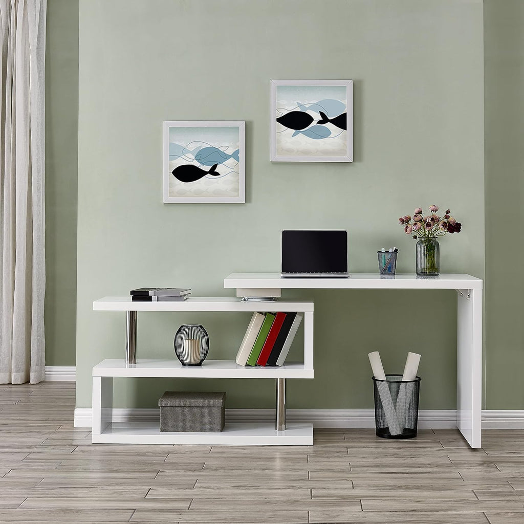 SEI Furniture Yates Multifunctional Corner/L Desk w/ Shelves, White-chrome