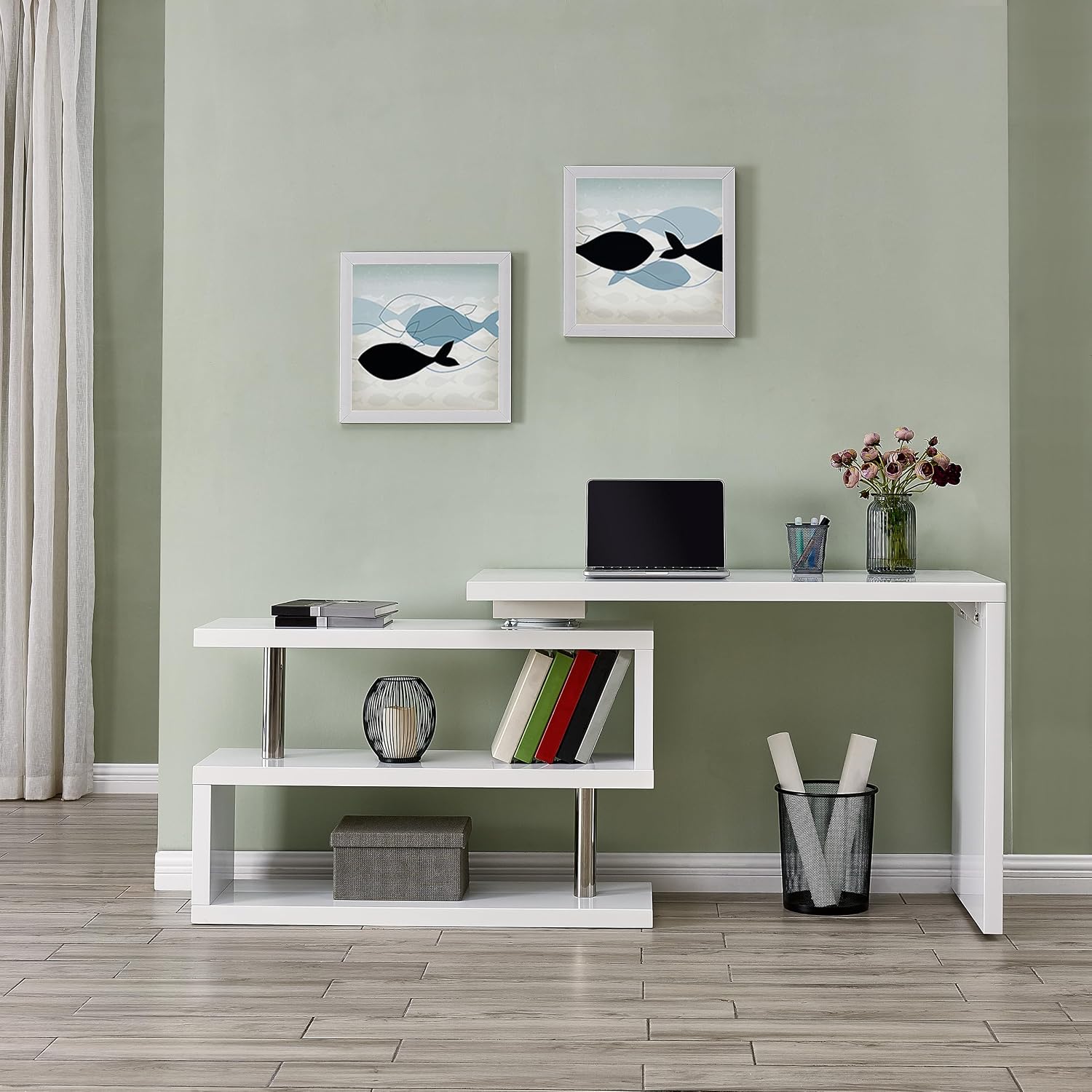 SEI Furniture Yates Multifunctional Corner/L Desk w/ Shelves, White-chrome