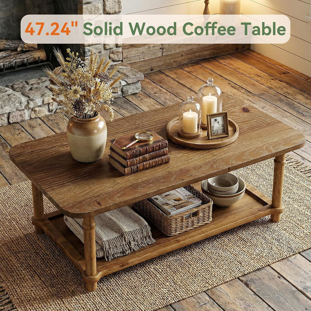 47' Rectangle Coffee Table, Solid Wood Center Table with 2-Tier Storage, Modern Farmhouse Coffee Furniture for Living Room, Home & Family Room, Natural Brown