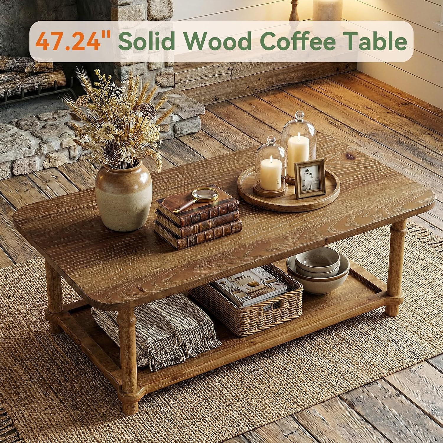 47' Rectangle Coffee Table, Solid Wood Center Table with 2-Tier Storage, Modern Farmhouse Coffee Furniture for Living Room, Home & Family Room, Natural Brown