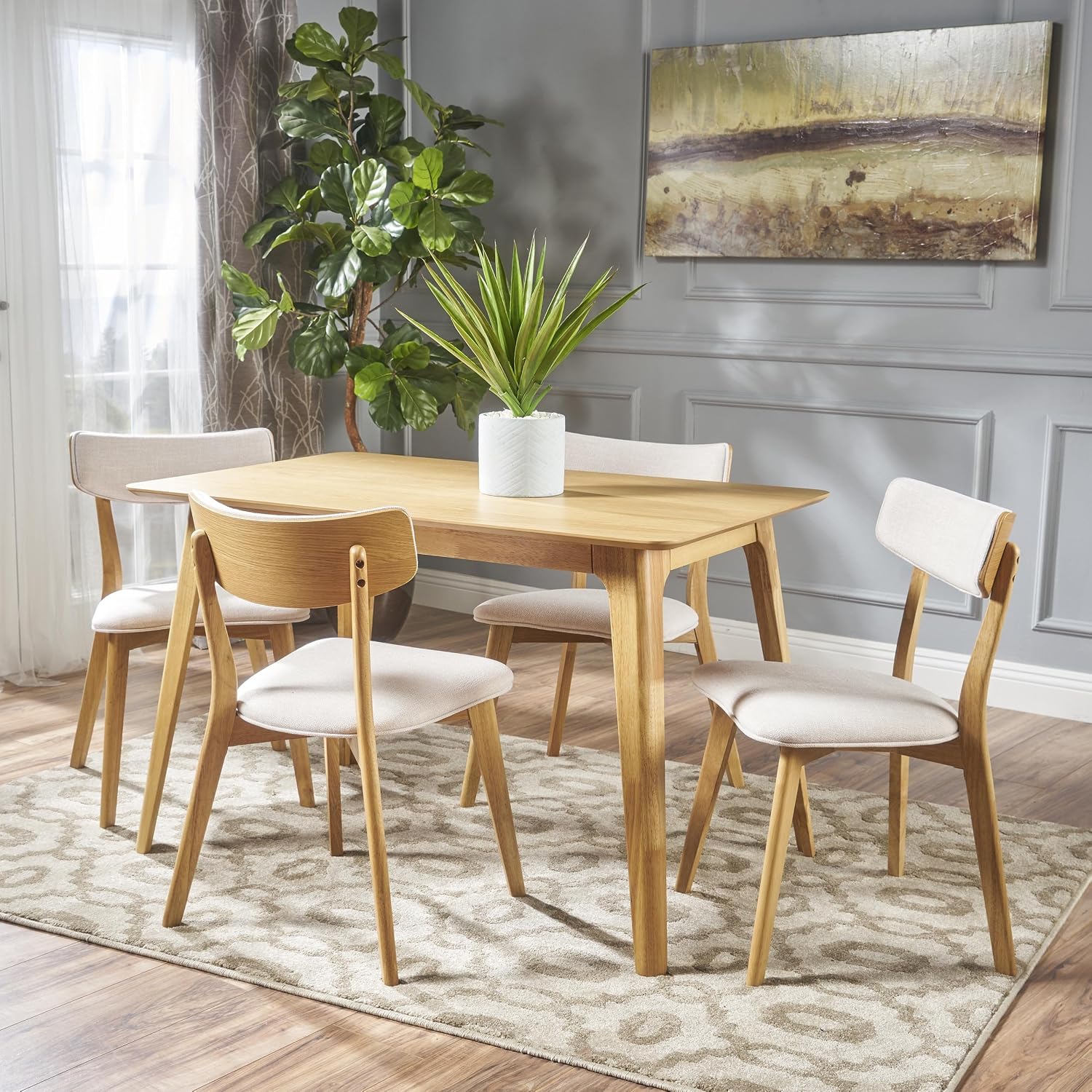 Christopher Knight Home Megann Mid-Century Wood Dining Set with Fabric Chairs, 5-Pcs Set, Natural Oak / Light Beige