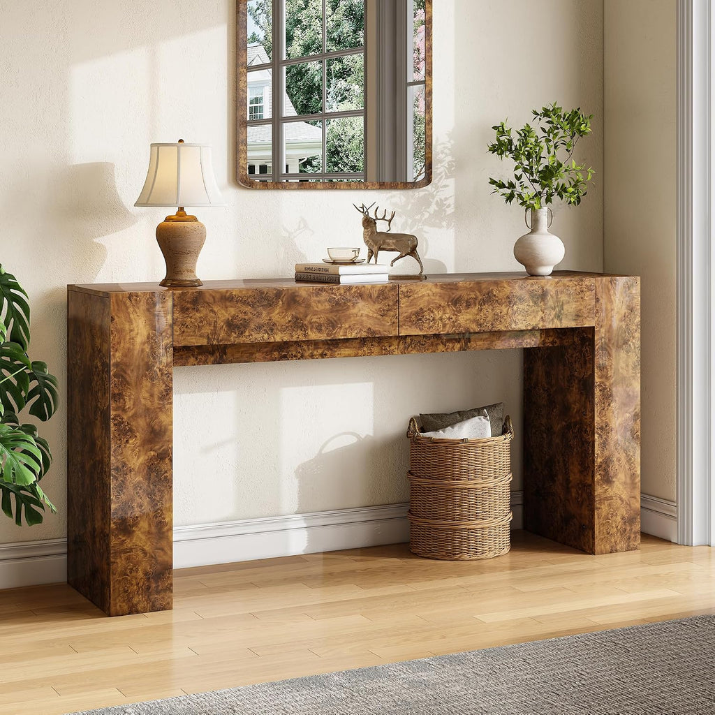 AMERLIFE 63' Burl Wood Console Table, Modern High Gloss Entryway Table with 2 Storage Drawers, Long Sofa Table Behind the Couch for Entrance, Hallway, Foyer, Living Room, Brown