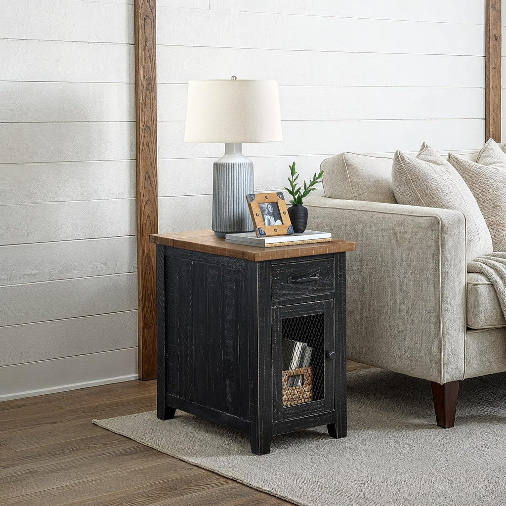 Martin Svensson Home Solid Wood Black and Driftwood Rustic Chairside End Table with Power and Storage