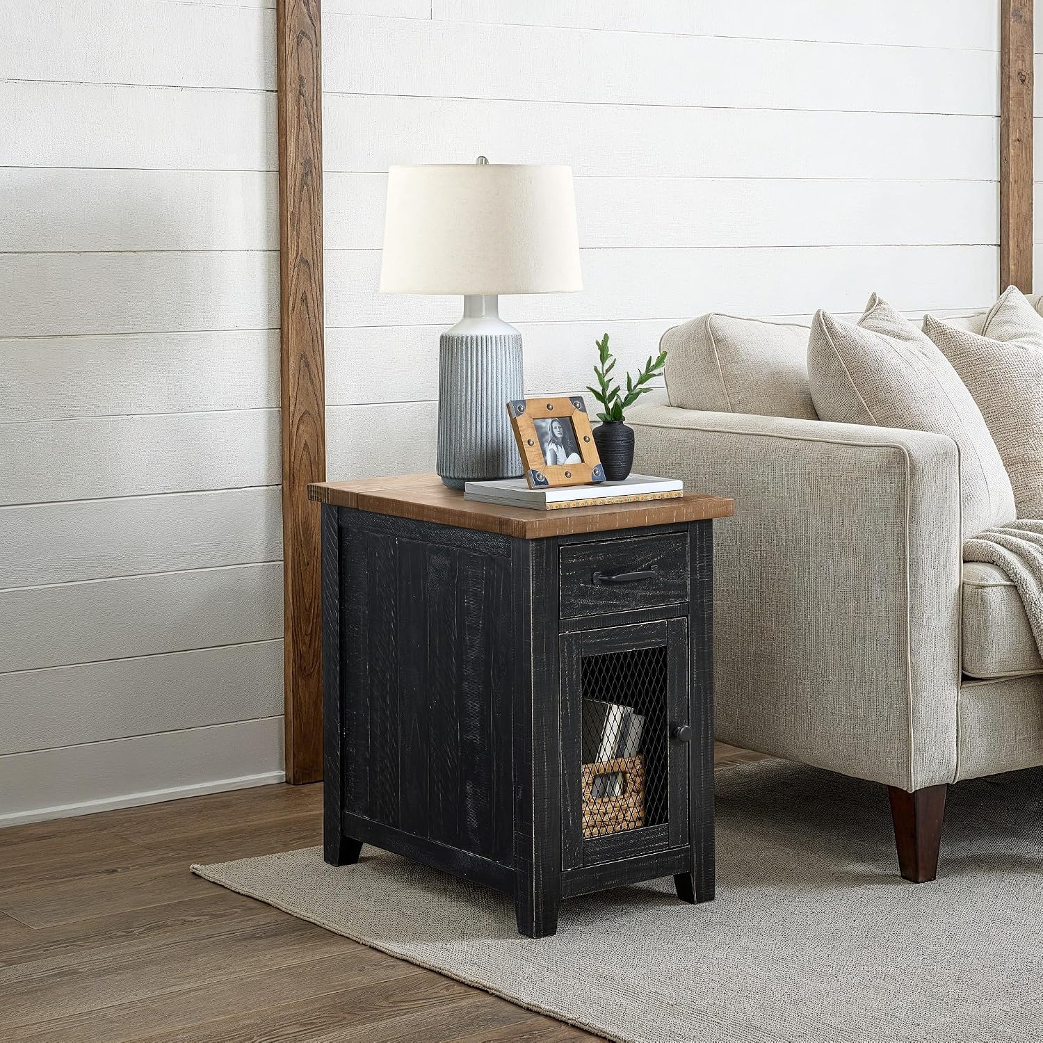 Martin Svensson Home Solid Wood Black and Driftwood Rustic Chairside End Table with Power and Storage