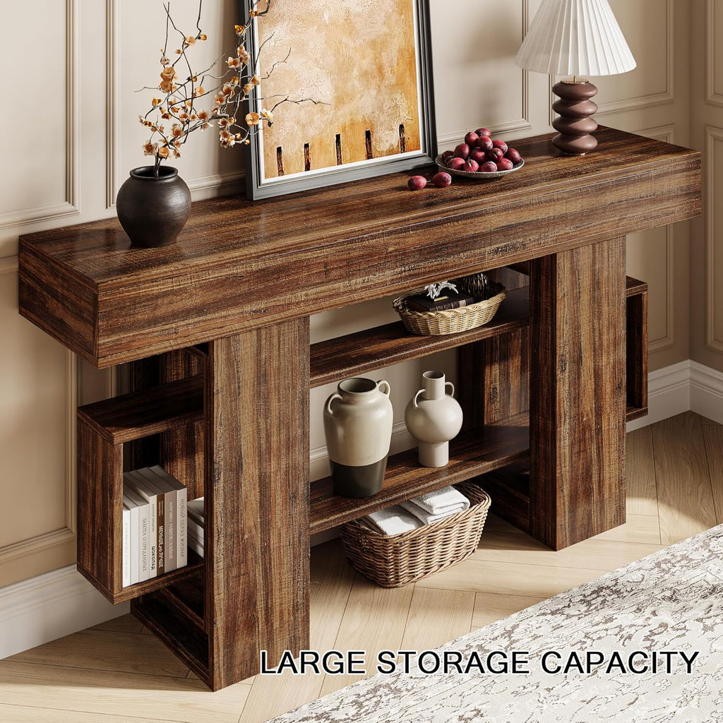 Einhomn 63 Inch Long Console Table for Entryway, Farmhouse Wooden Sofa Table Behind Couch with 3-Tier Storage Shelf, Narrow Entry Accent Table for Living Room, Hallway, Foyer, Rustic Brown