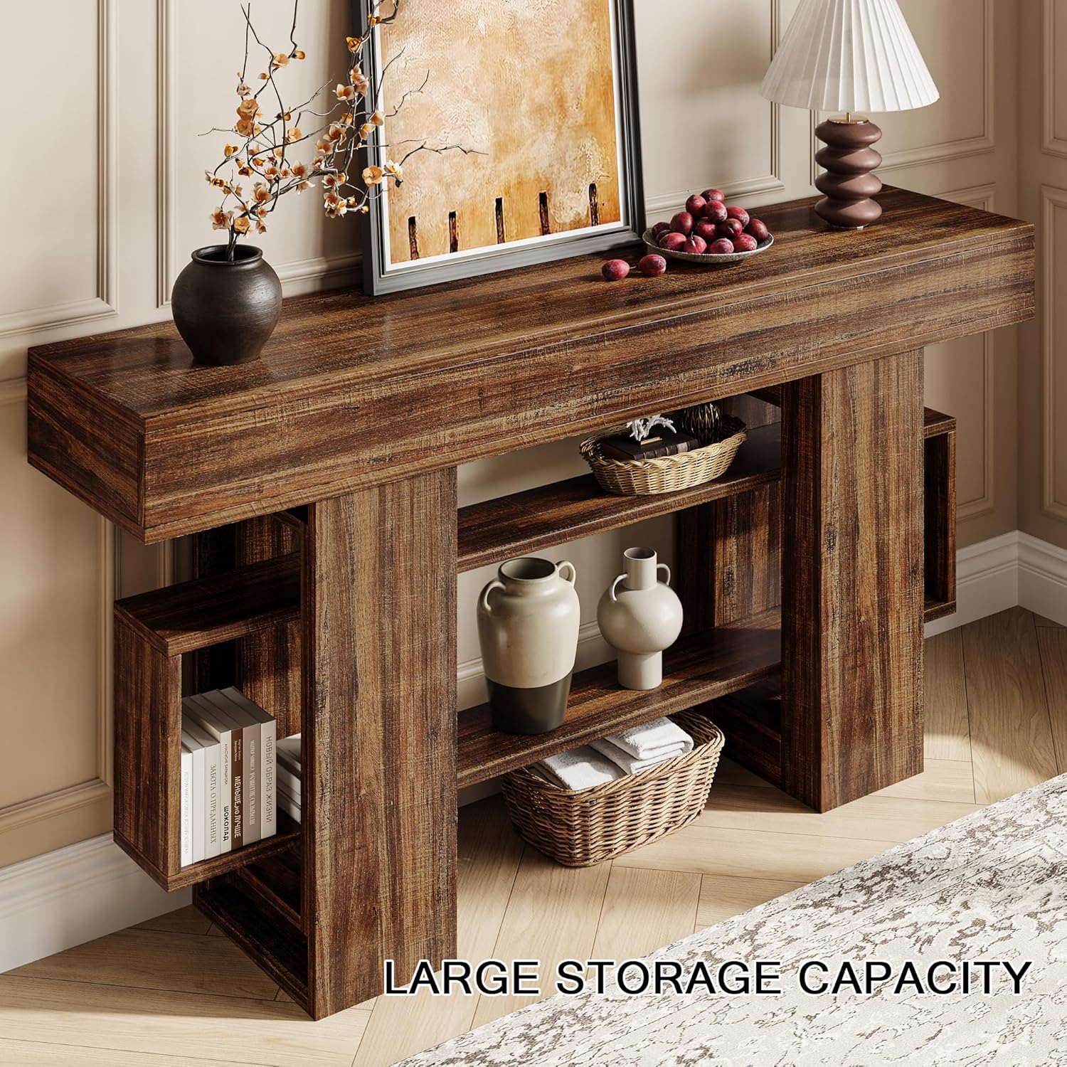 Einhomn 63 Inch Long Console Table for Entryway, Farmhouse Wooden Sofa Table Behind Couch with 3-Tier Storage Shelf, Narrow Entry Accent Table for Living Room, Hallway, Foyer, Rustic Brown