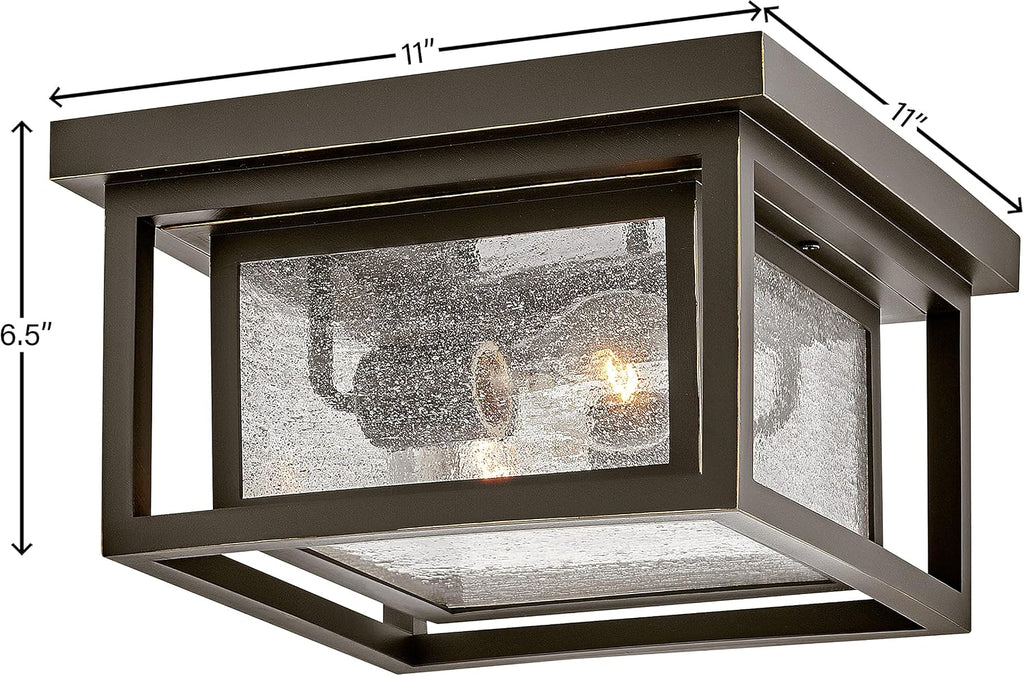 Hinkley Republic Small Flush Mount Outdoor Ceiling Light, Composite, Clear Seedy Glass Panes, Anti-Fading Finish, Oil Rubbed Bronze Finish