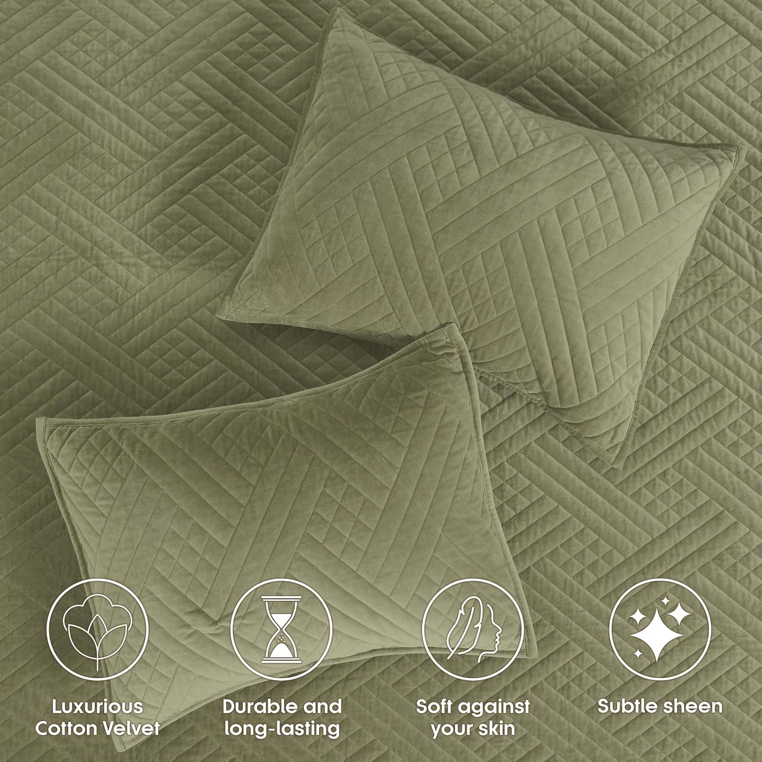 Superior 100% Cotton Velvet 3-Piece Quilt Set, 1 Lightweight Breathable Coverlet, 2 Pillow Shams, Comfy Home Essential Bedding, Cotton Fill, Geometric Aesthetic, Karina Collection, King Size, Sage