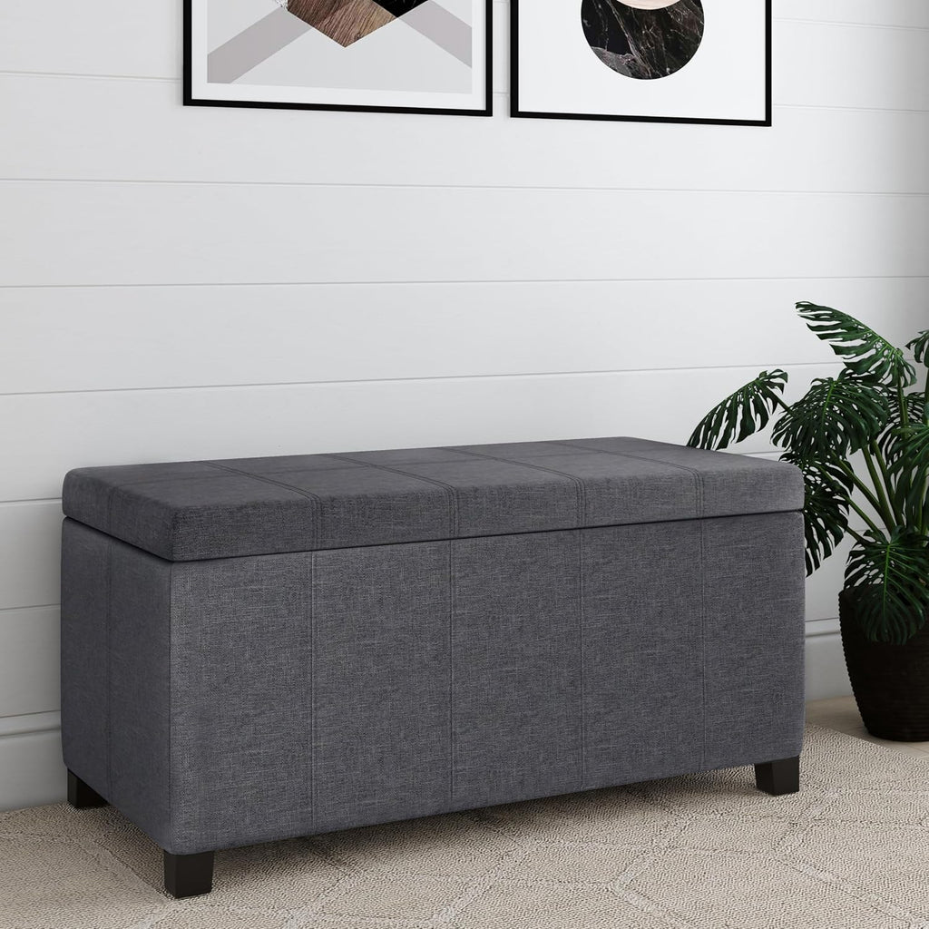 SIMPLIHOME Dover Storage Ottoman Bench - 36 inch Wide Upholstered Linen Look Fabric Rectangular Lift-Top Ottoman in Slate Grey, Contemporary Bench for Living Room with Safety Hinges