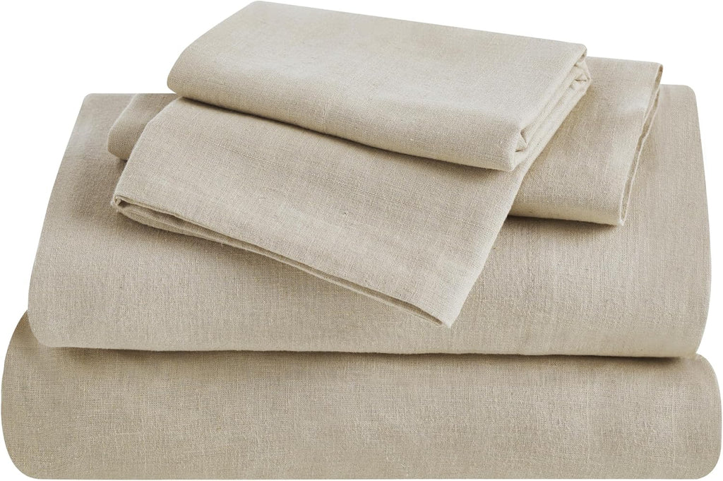 Superior Cotton Linen Blend Sheet Set, Bedsheets for Home Decor, Modern Solid Bedding Includes 1 Oversized Fitted Sheet, 1 Flat Sheet, 2 Pillowcases, Bedroom Essentials, Queen Size, Tan