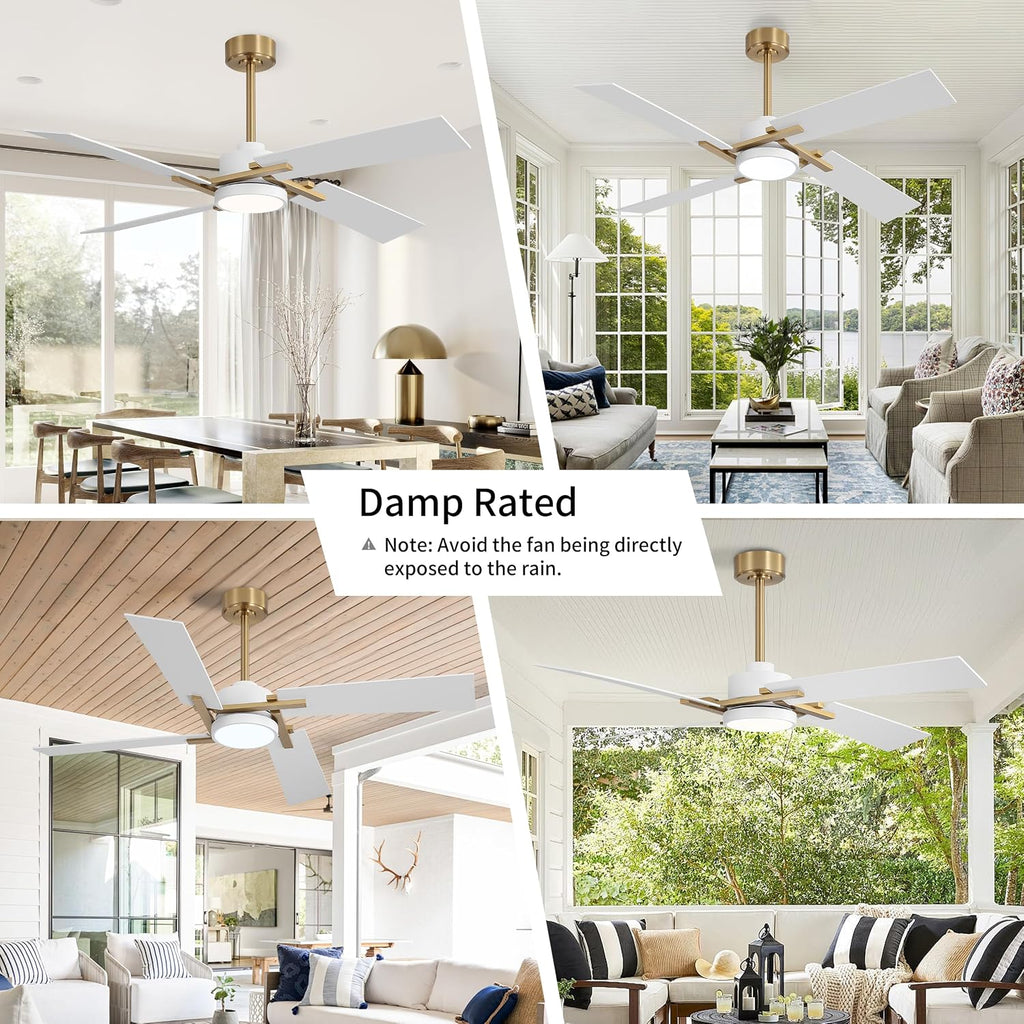 WINGBO 54 Inch Ceiling Fan with Light and Remote, 4 Plywood Blades, 6-Speed Reversible DC Motor, Dimmable, 3CCT, Farmhouse Ceiling Fan for Bedroom Living Room Kitchen, Brass and White