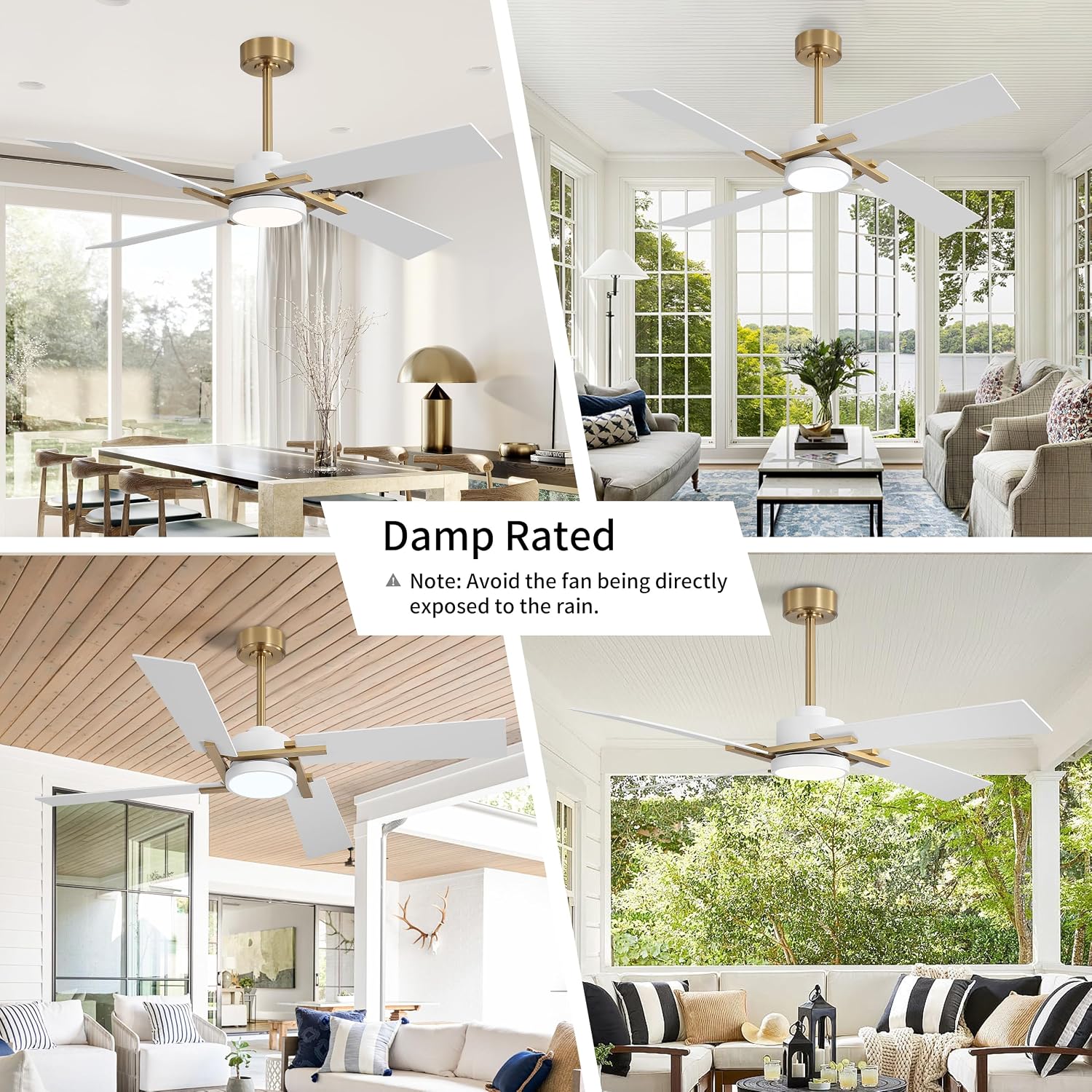WINGBO 54 Inch Ceiling Fan with Light and Remote, 4 Plywood Blades, 6-Speed Reversible DC Motor, Dimmable, 3CCT, Farmhouse Ceiling Fan for Bedroom Living Room Kitchen, Brass and White