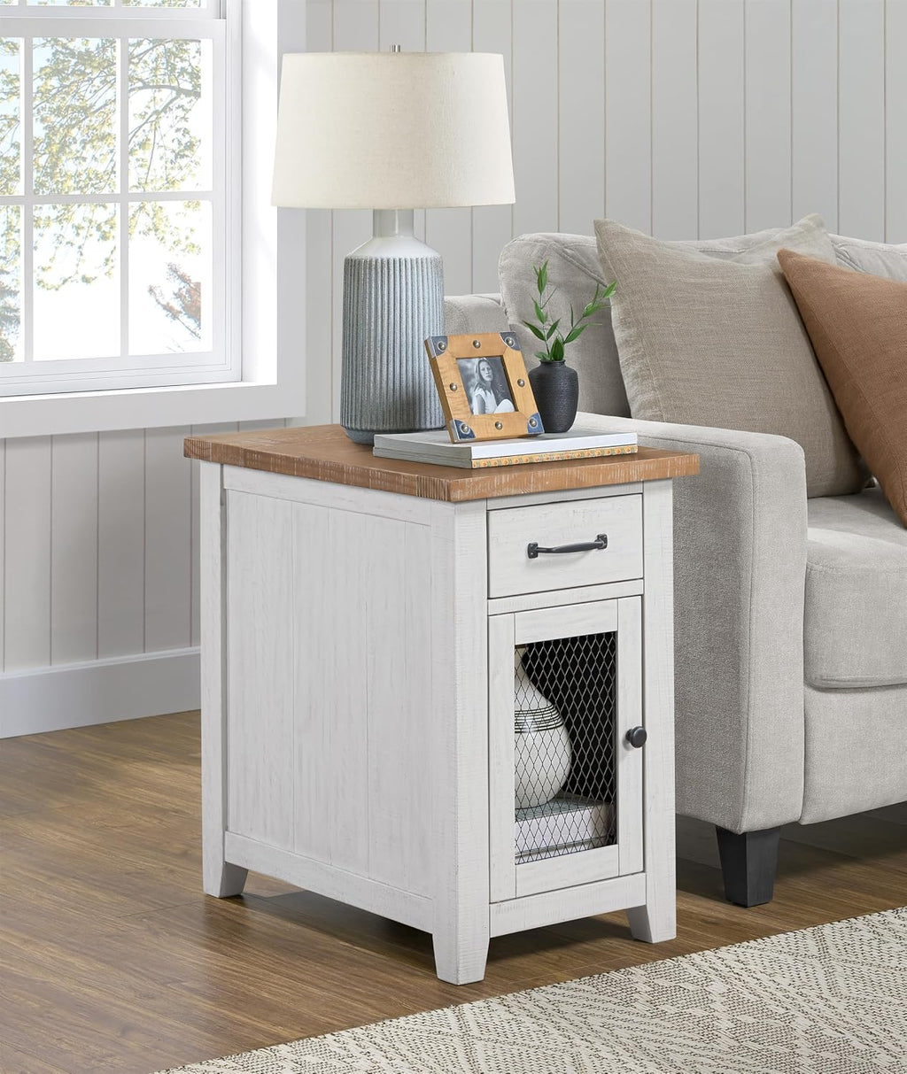 Martin Svensson Home Solid Wood White and Driftwood Rustic Chairside End Table with Power and Storage