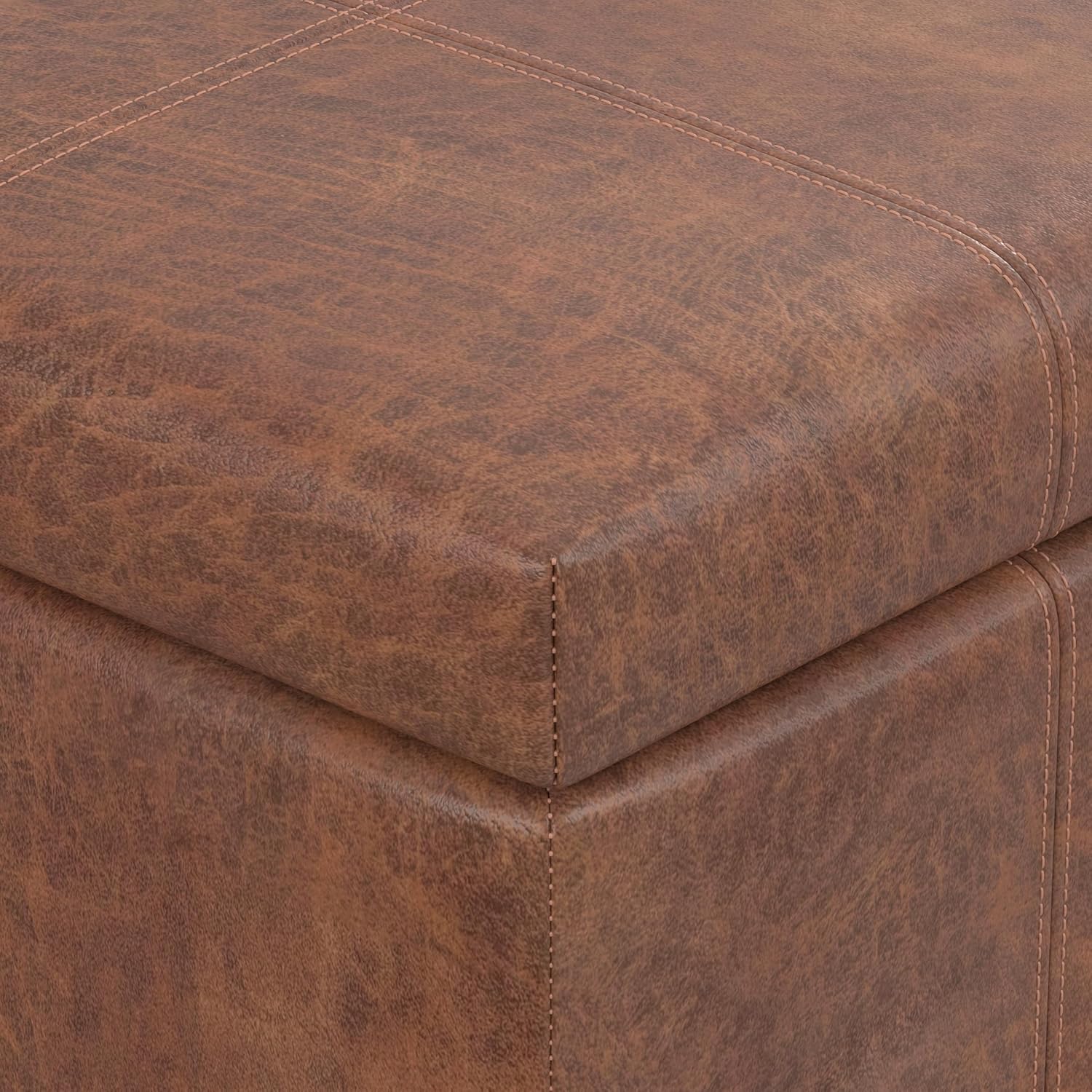 SIMPLIHOME Dover Storage Ottoman Bench - 36 inch Wide Upholstered Vegan Leather Rectangular Lift-Top Ottoman in Distressed Umber Brown, Contemporary Bench for Living Room with Safety Hinges