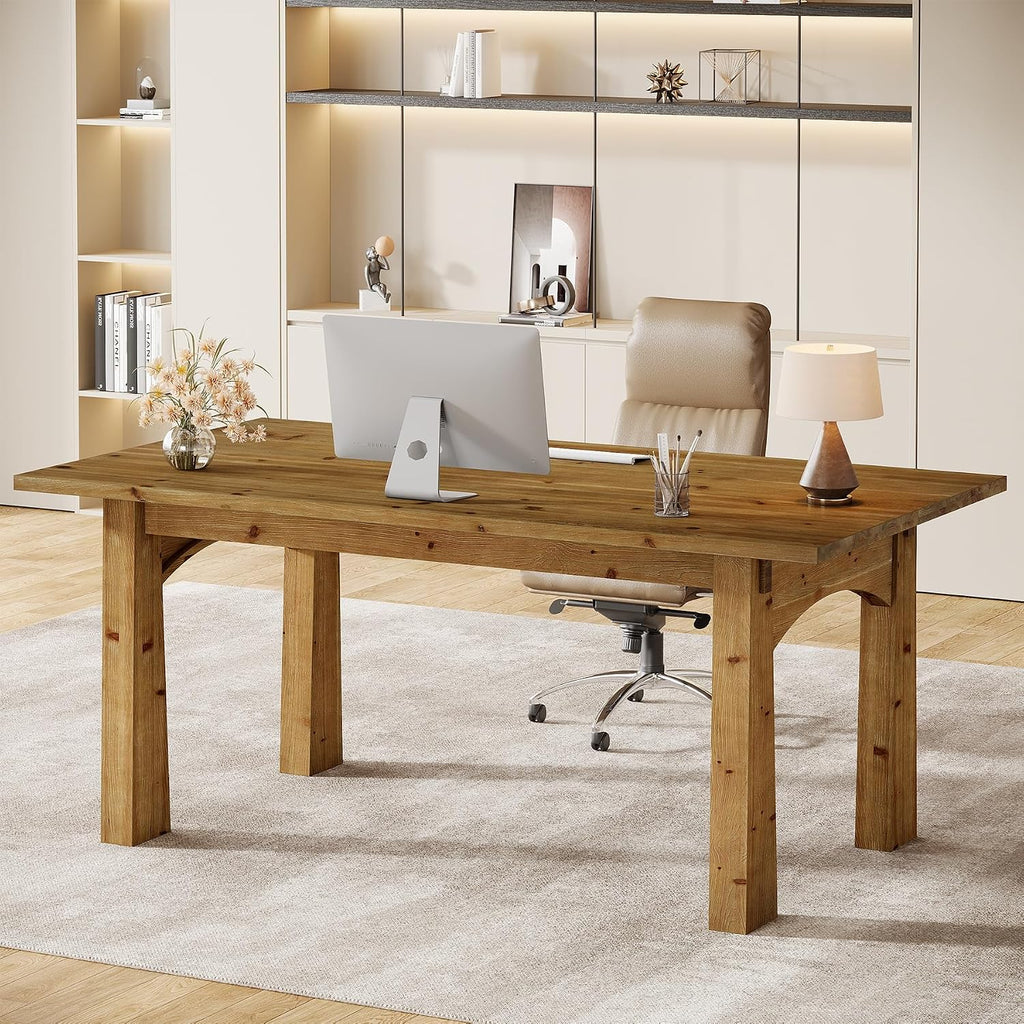 Solid Wood Executive Desk, 63-Inch Computer Desk with Sturdy Wooden Legs, Farmhouse Workstations Writing Table Conference Table Business Furniture for Home Office
