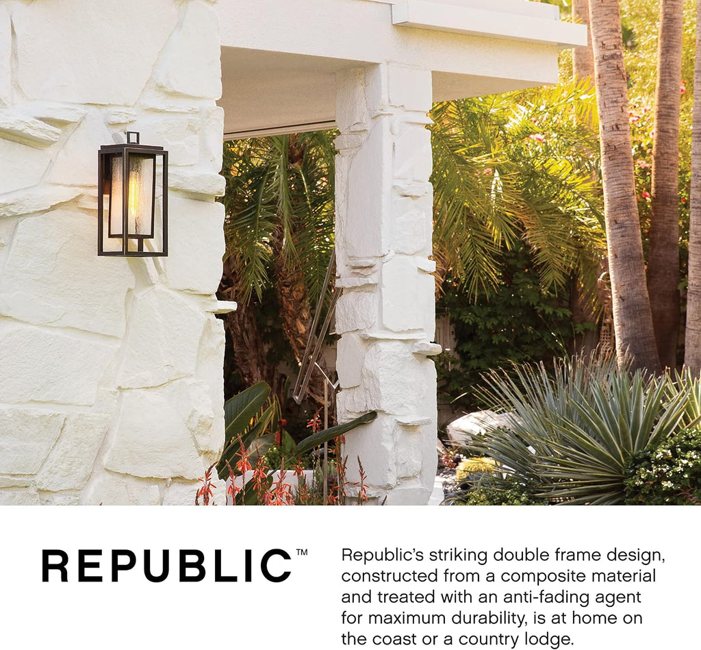 Hinkley Republic Small Flush Mount Outdoor Ceiling Light, Composite, Clear Seedy Glass Panes, Anti-Fading Finish, Oil Rubbed Bronze Finish