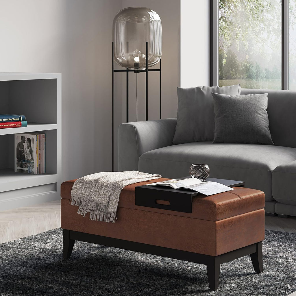SIMPLIHOME Oregon Storage Ottoman Bench with Tray - 42 inch Wide Vegan Leather Rectangle Storage Ottoman Bench in Distressed Saddle Brown, Transitional Tufted Ottoman for Living Room with Lift-Up Lid