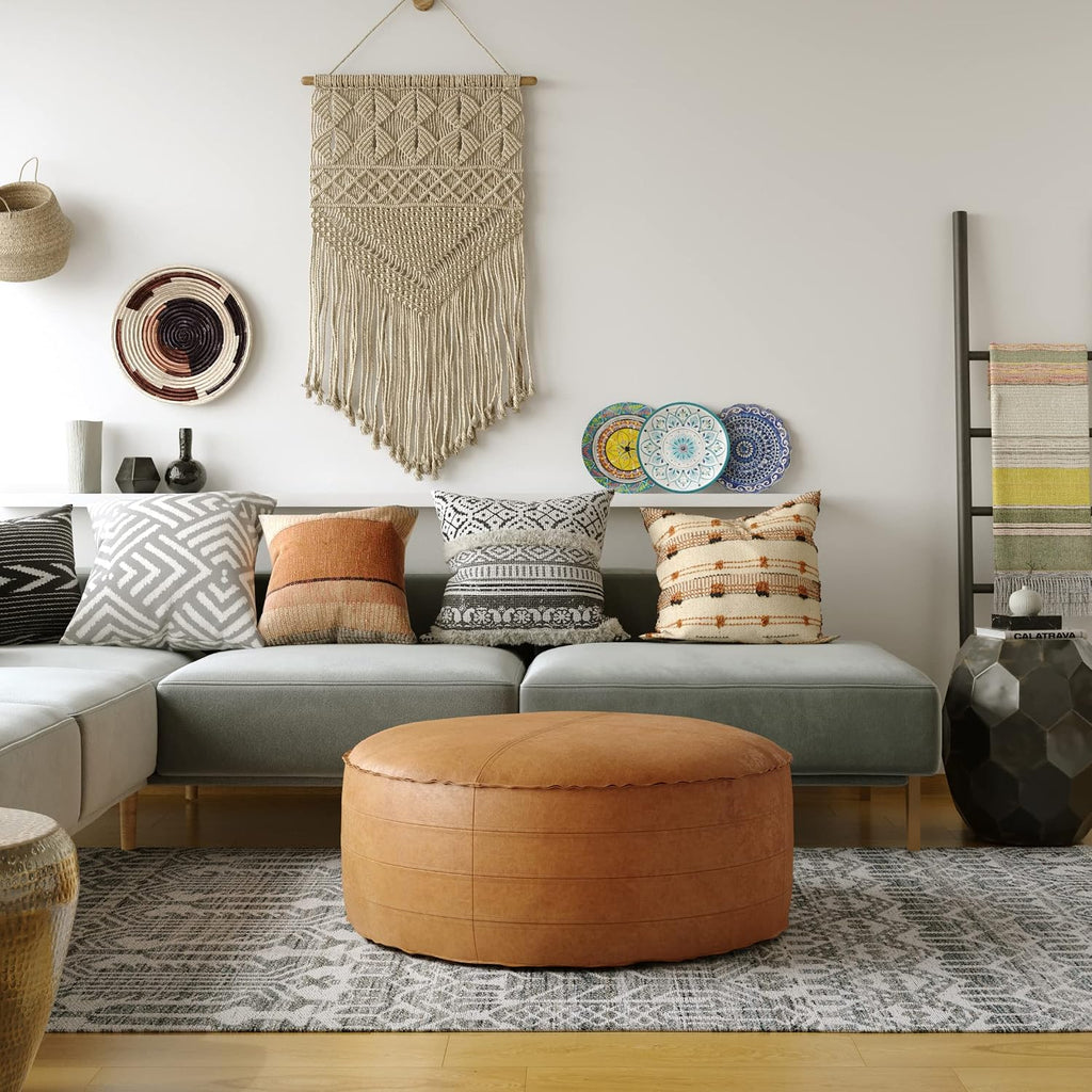 SIMPLIHOME Brody Round Coffee Table Pouf - 32 inch Wide Upholstered Vegan Leather Ottoman in Distressed Brown, Boho Footstool or Extra Seating for Living Room with Polystyrene Filling, Assembled
