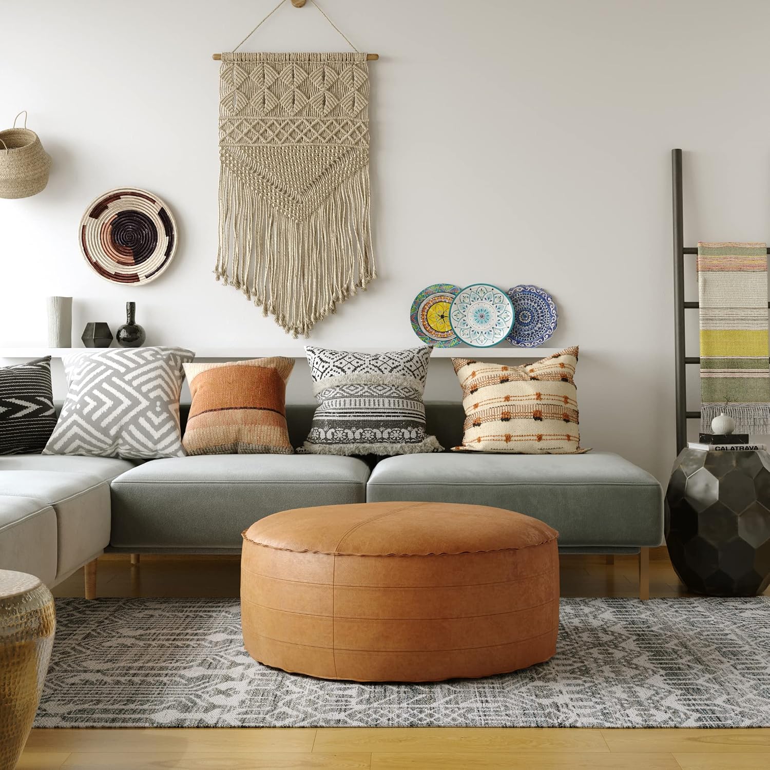 SIMPLIHOME Brody Round Coffee Table Pouf - 32 inch Wide Upholstered Vegan Leather Ottoman in Distressed Brown, Boho Footstool or Extra Seating for Living Room with Polystyrene Filling, Assembled