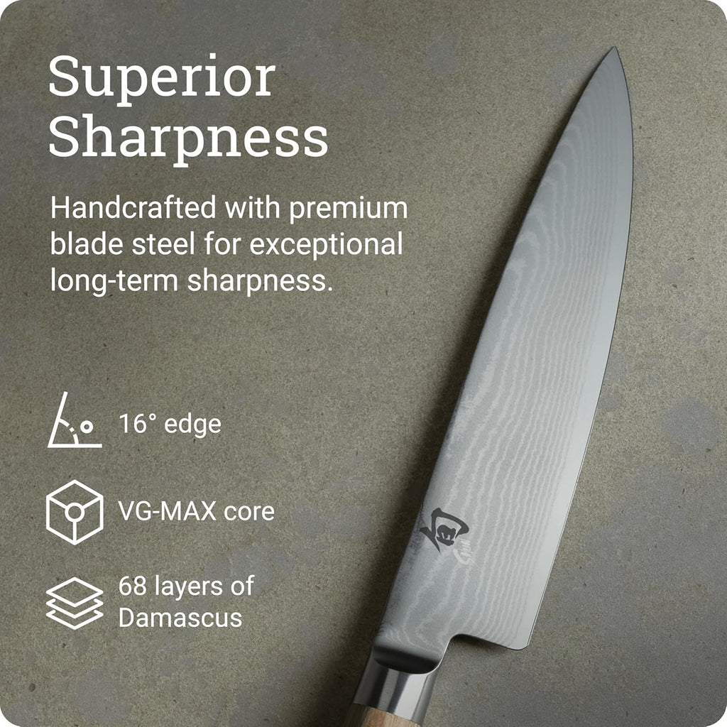 Shun Classic Blonde 8' Chef's Knife, Handcrafted Japanese Kitchen Knife for Professional and Home Chefs, VG-MAX Core with Damascus Stainless Steel Cladding, Pakkawood Handle
