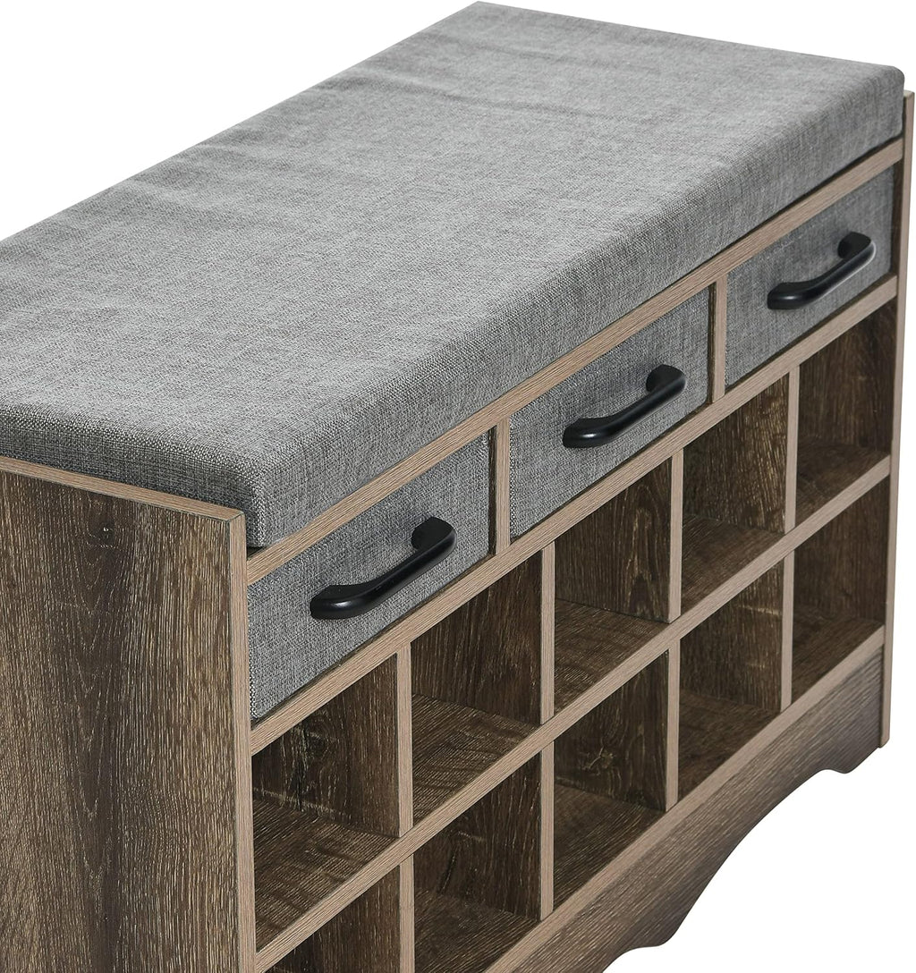 Household Essentials Entryway Storage Bench with 3 Grey Drawers 10 Shoe Compartments and Cushioned Seat in Ashwood Rustic Wood Grain