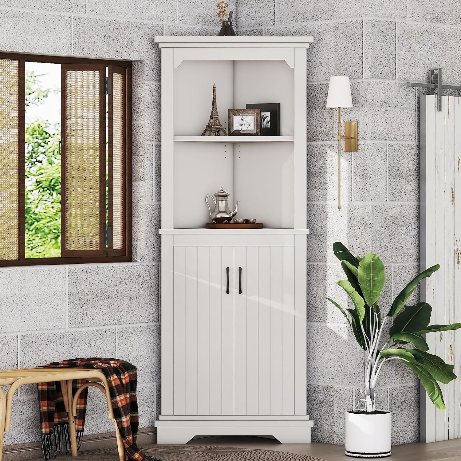 KEIKI 69' Tall Corner Cabinet, Farmhouse Corner Storage Cabinet with Doors & Shelves, Home Storage for Living Room, Bathroom, Dining Room or Kitchen, White