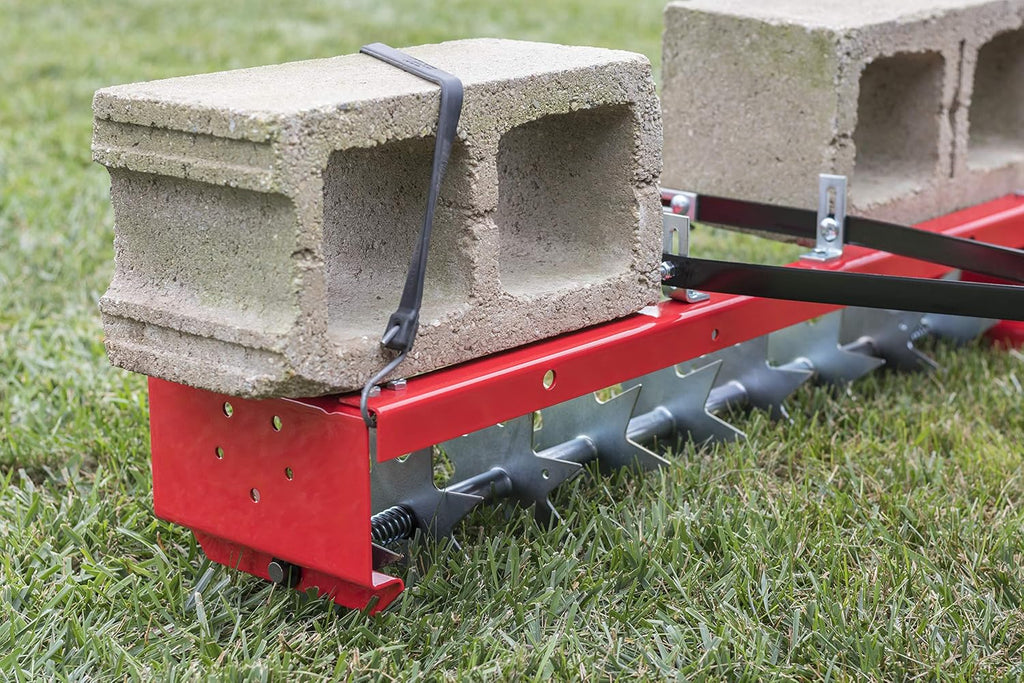 CRAFTSMAN (CMXGZBF7124336), 36-Inch Tow Spike Tow Behind Spike Aerator for Aerating Lawns; 9 Galvanized Steel Disks, 90lbs Capacity Weight Tray for Better Aeration, Universal Hitch, Red